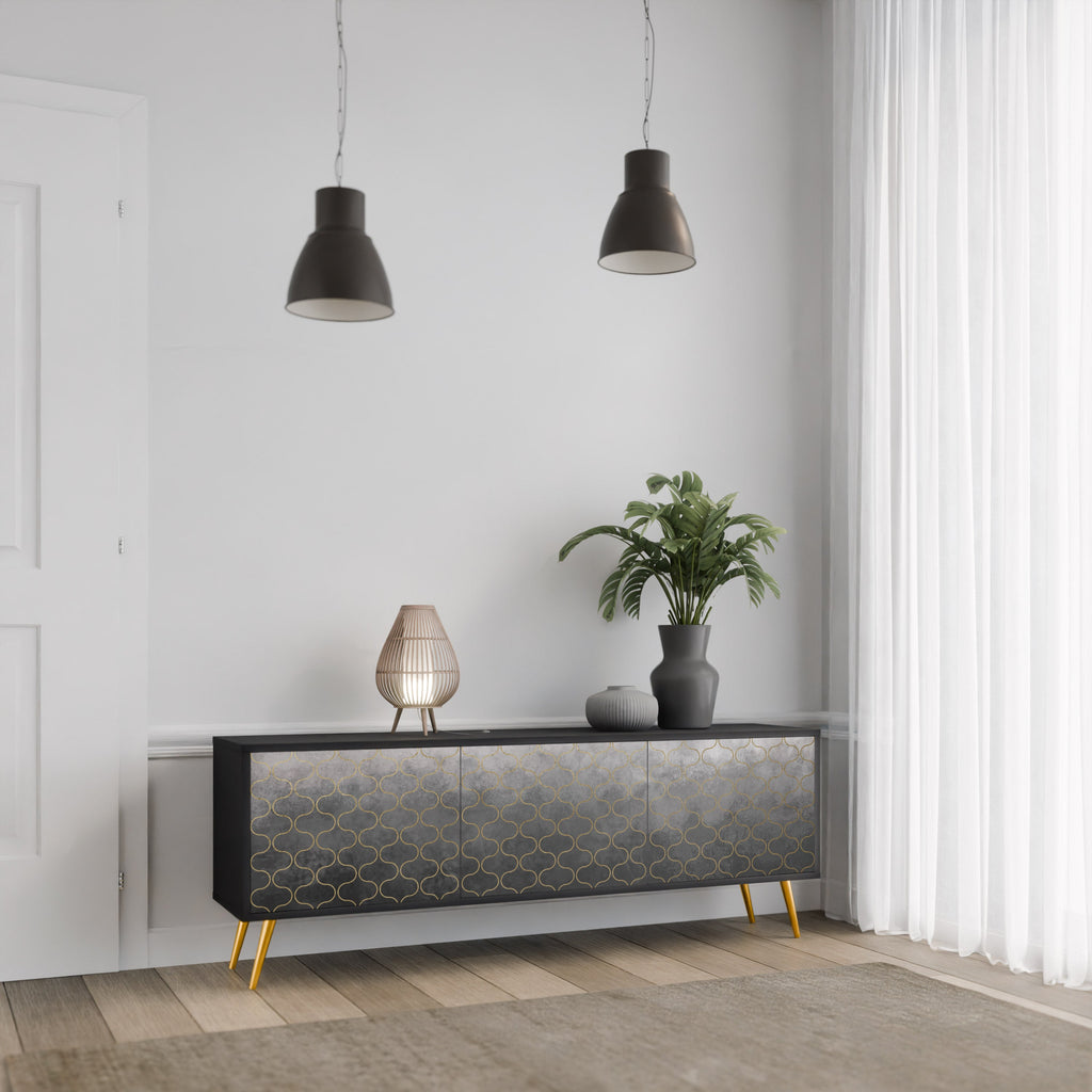 TESSELATED GRAYISH TV-Lowboard mit 3 Türen in Schwarz