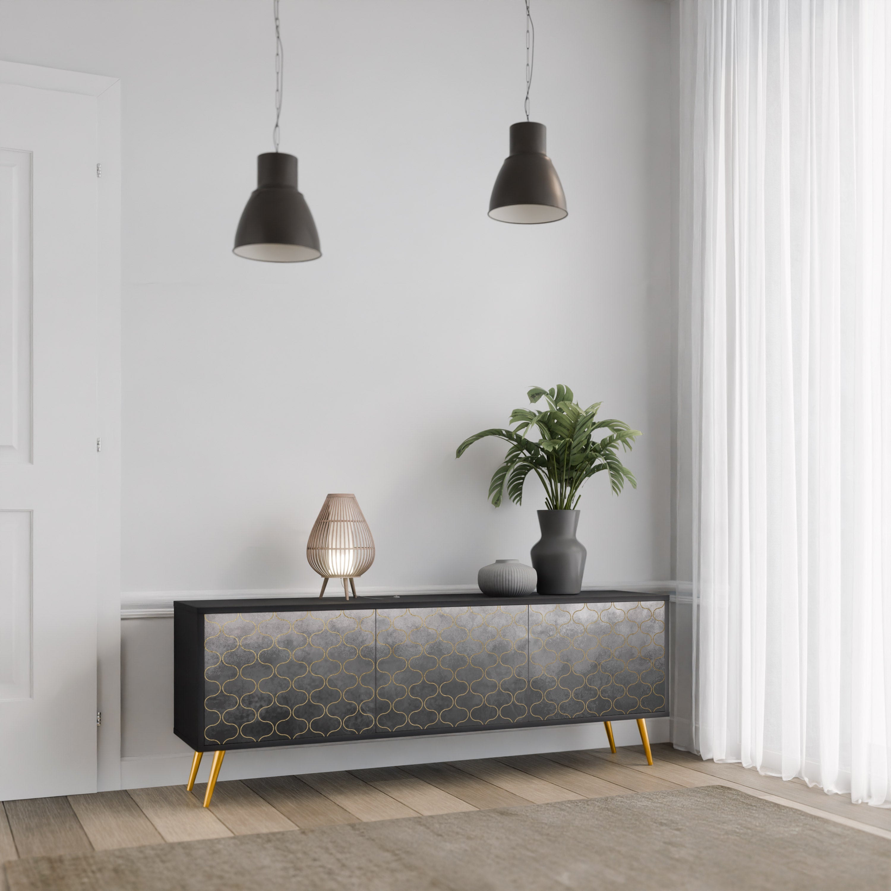 TESSELATED GRAYISH TV-Lowboard mit 3 Türen in Schwarz