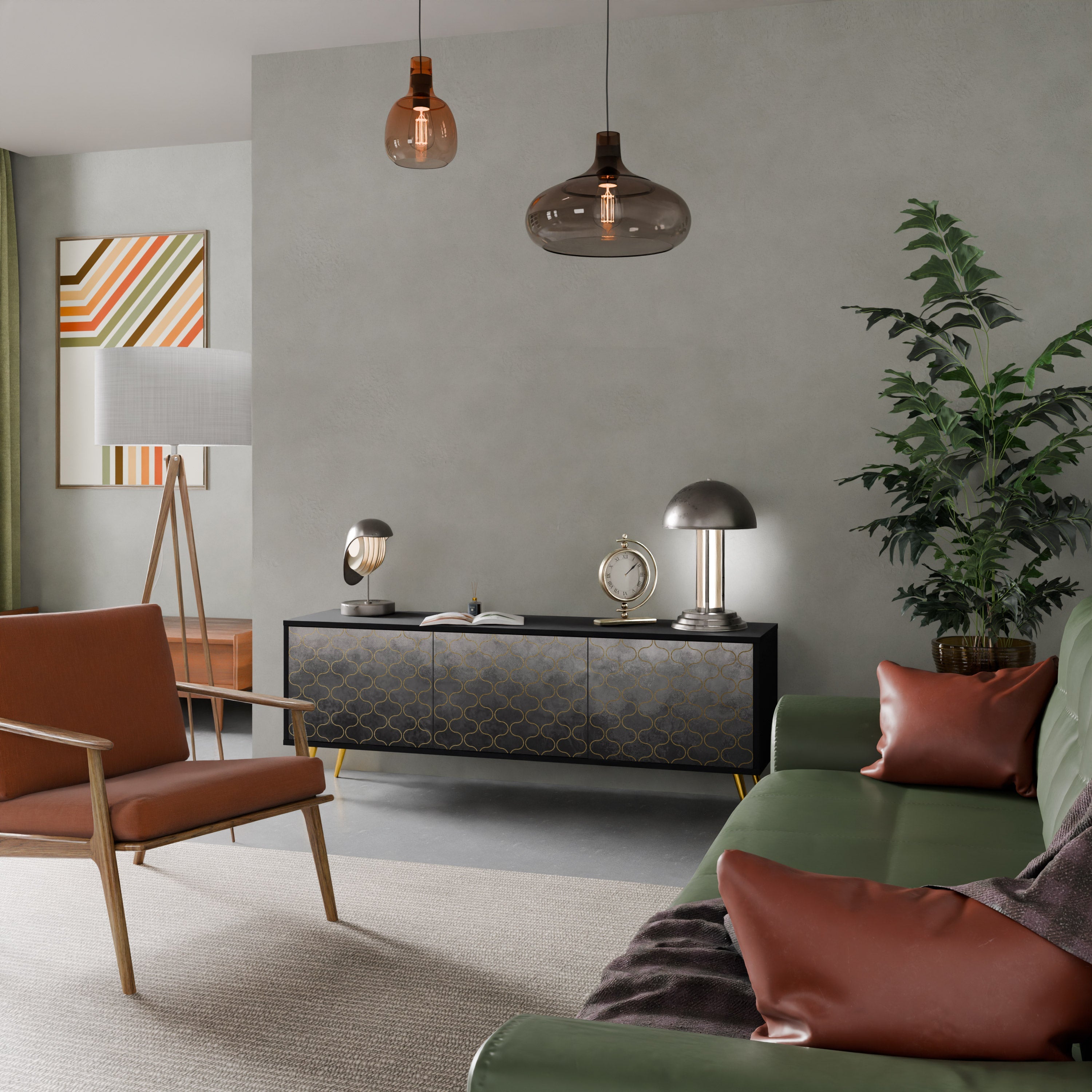 TESSELATED GRAYISH TV-Lowboard mit 3 Türen in Schwarz