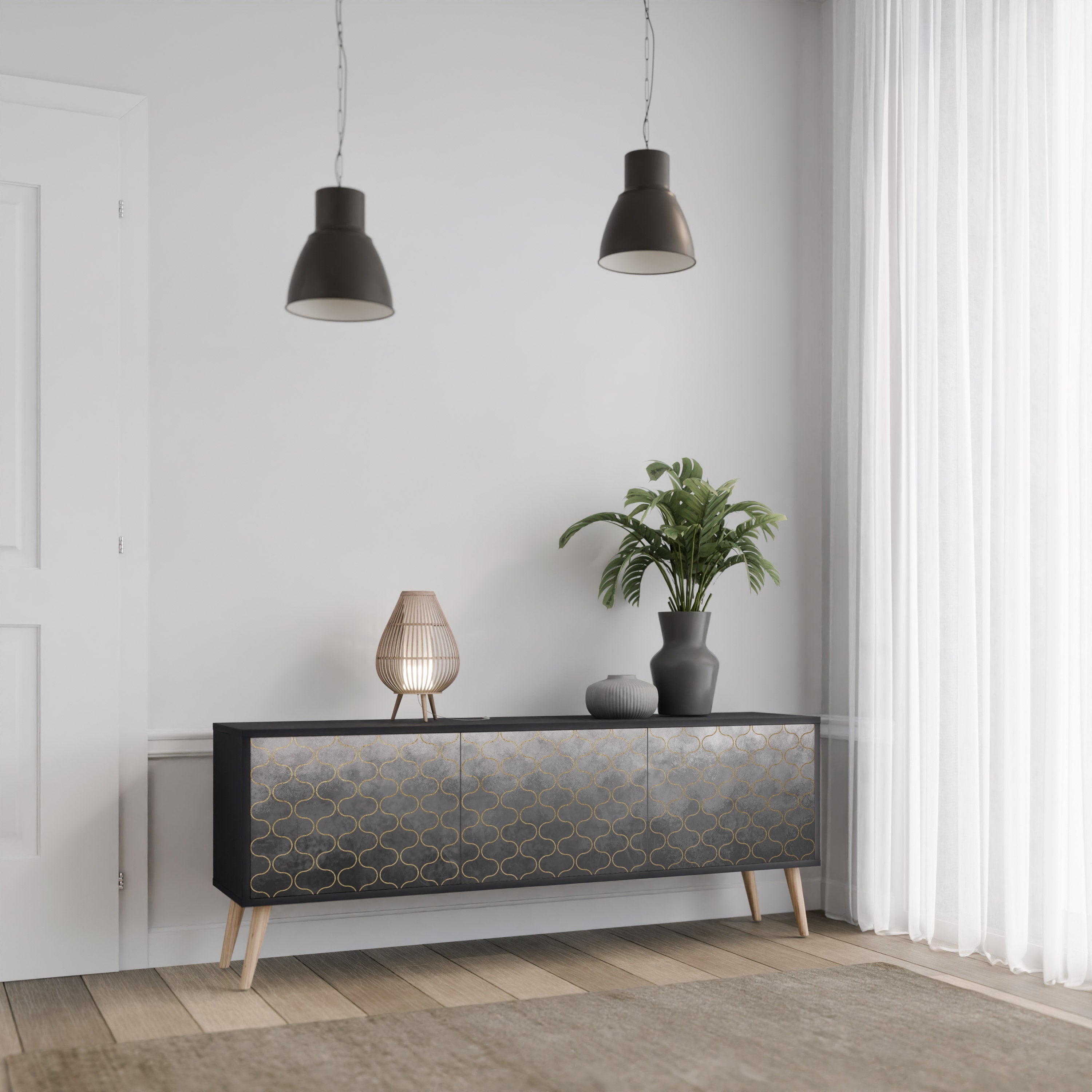 TESSELATED GRAYISH TV-Lowboard mit 3 Türen in Schwarz