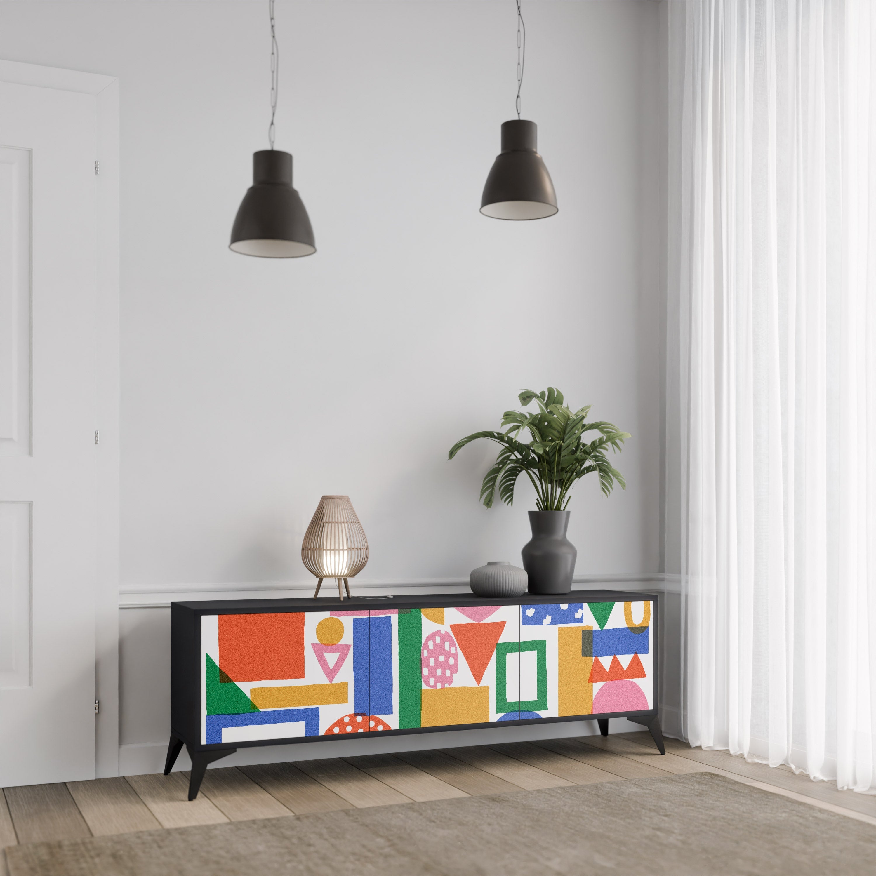 GEOMETRIC GLIMMER TV-Lowboard mit 3 Türen in Schwarz