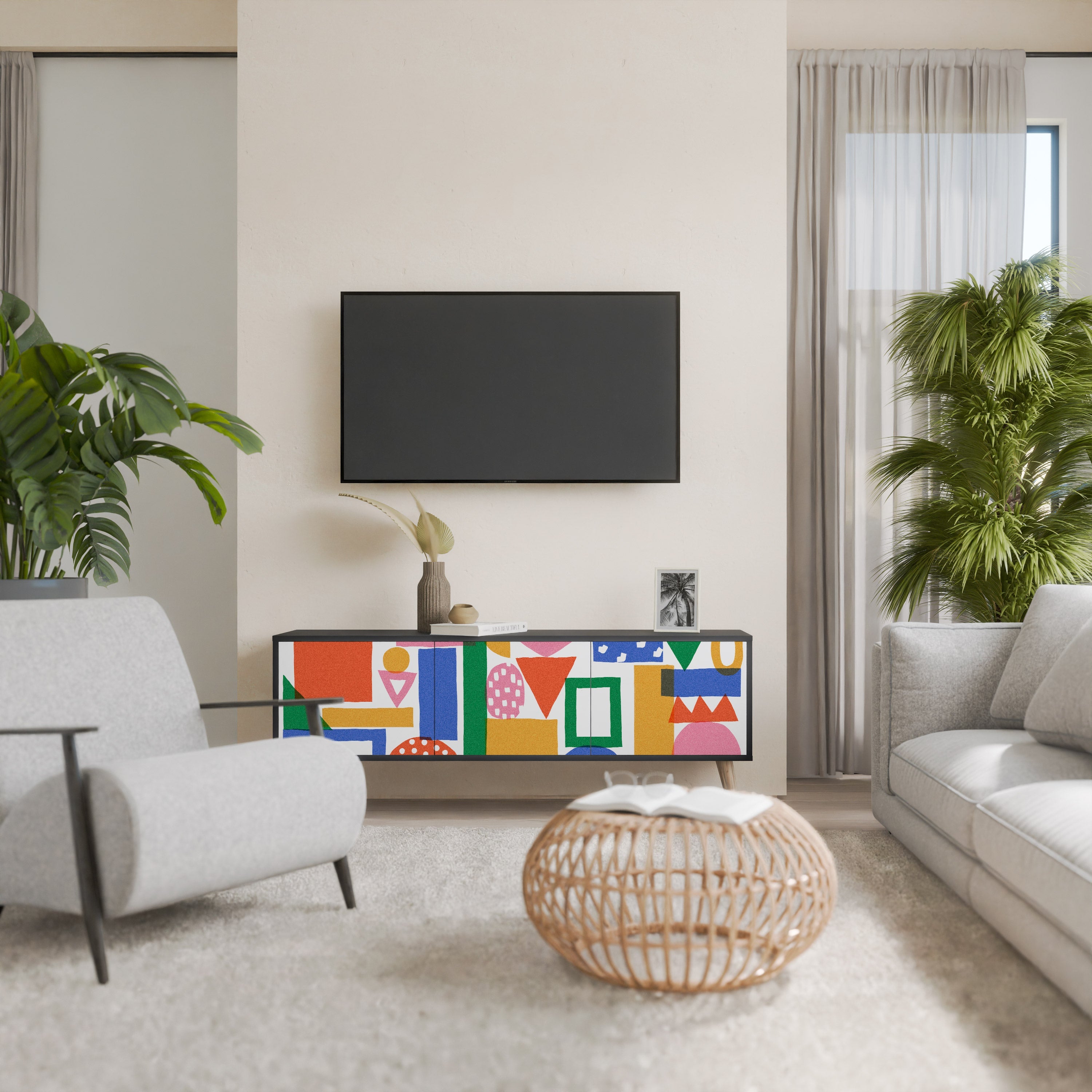 GEOMETRIC GLIMMER TV-Lowboard mit 3 Türen in Schwarz