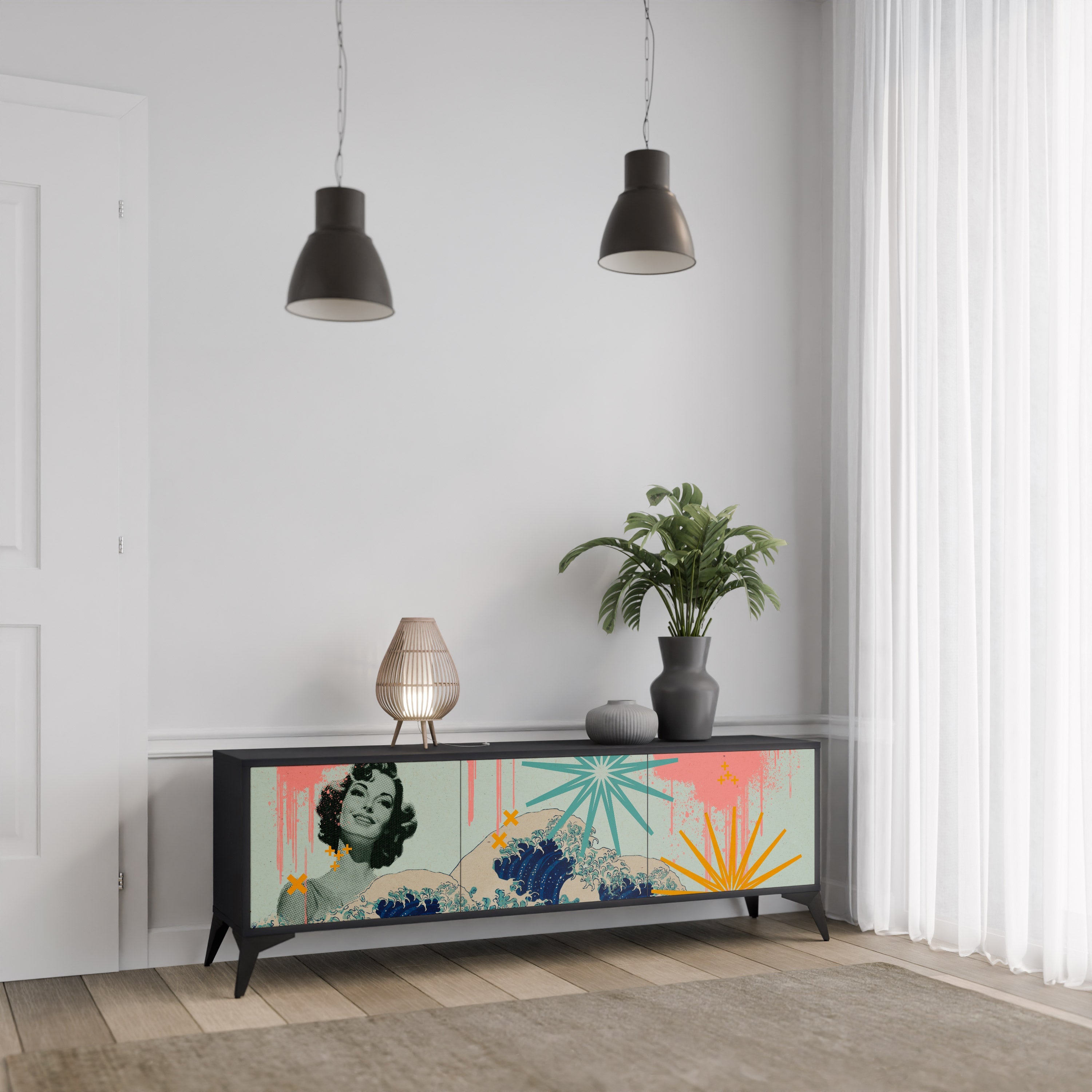 KANAGAWA BEAUTY TV-Lowboard mit 3 Türen in Schwarz