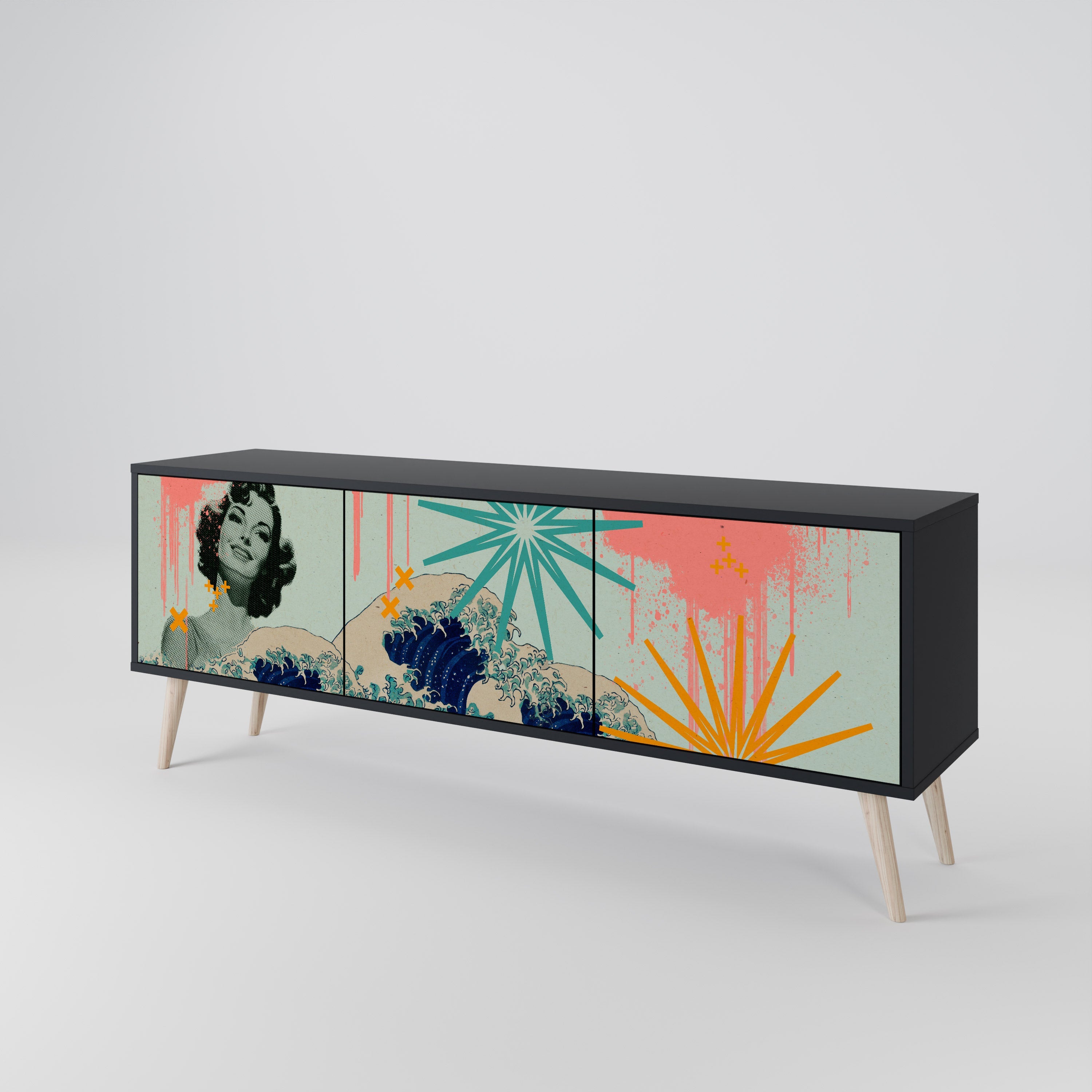 KANAGAWA BEAUTY TV-Lowboard mit 3 Türen in Schwarz