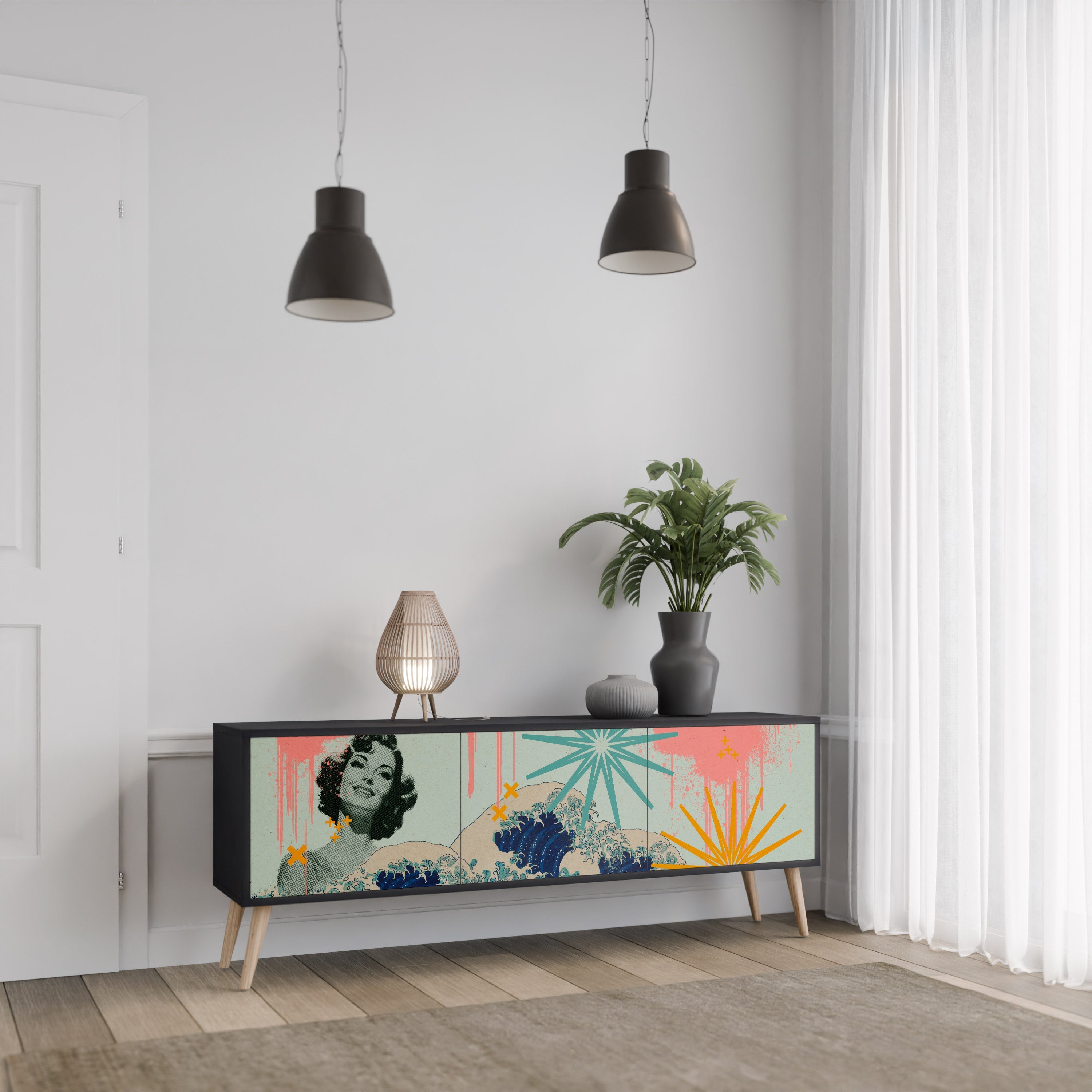 KANAGAWA BEAUTY TV-Lowboard mit 3 Türen in Schwarz