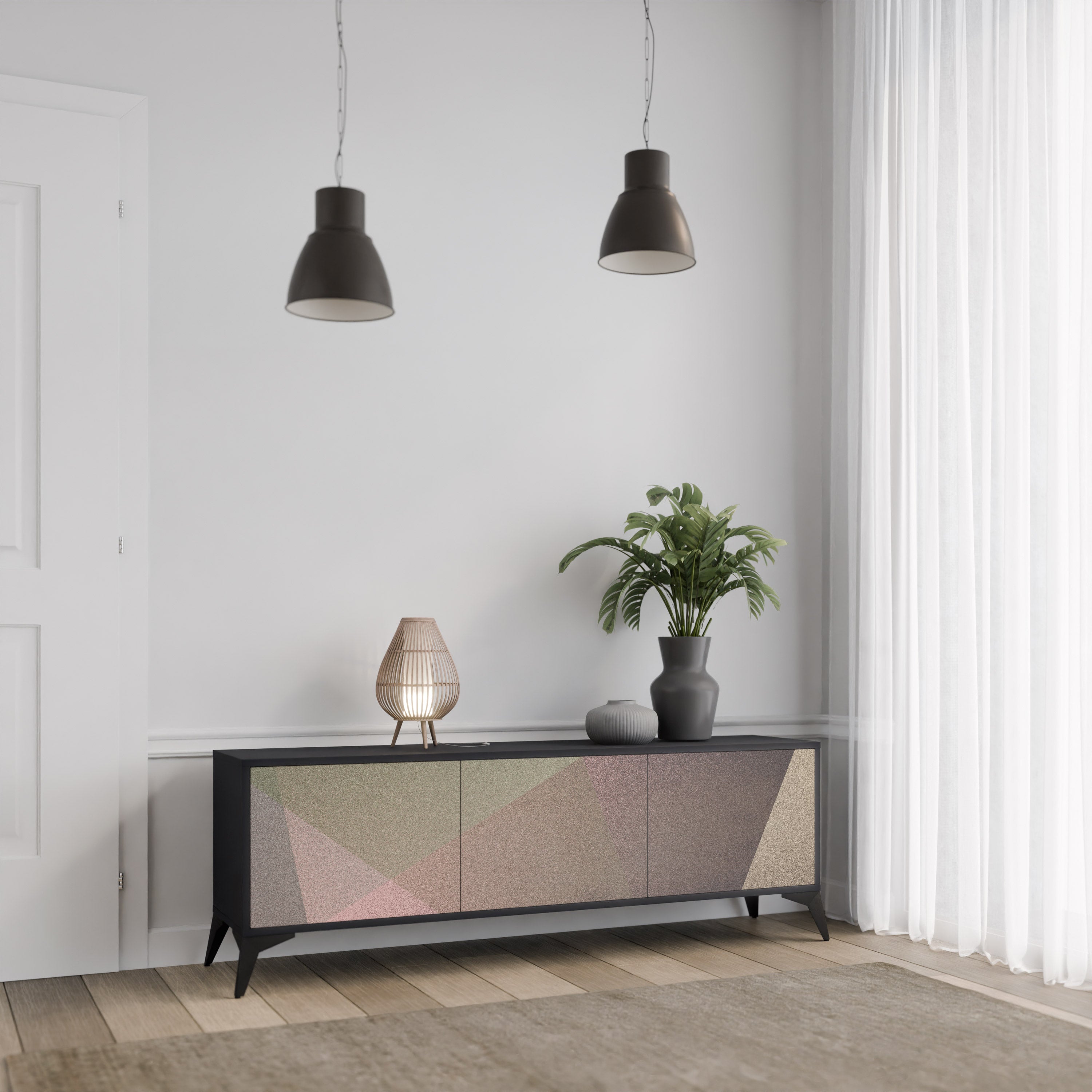 BEIGE GEOMETRY TV-Lowboard mit 3 Türen in Schwarz