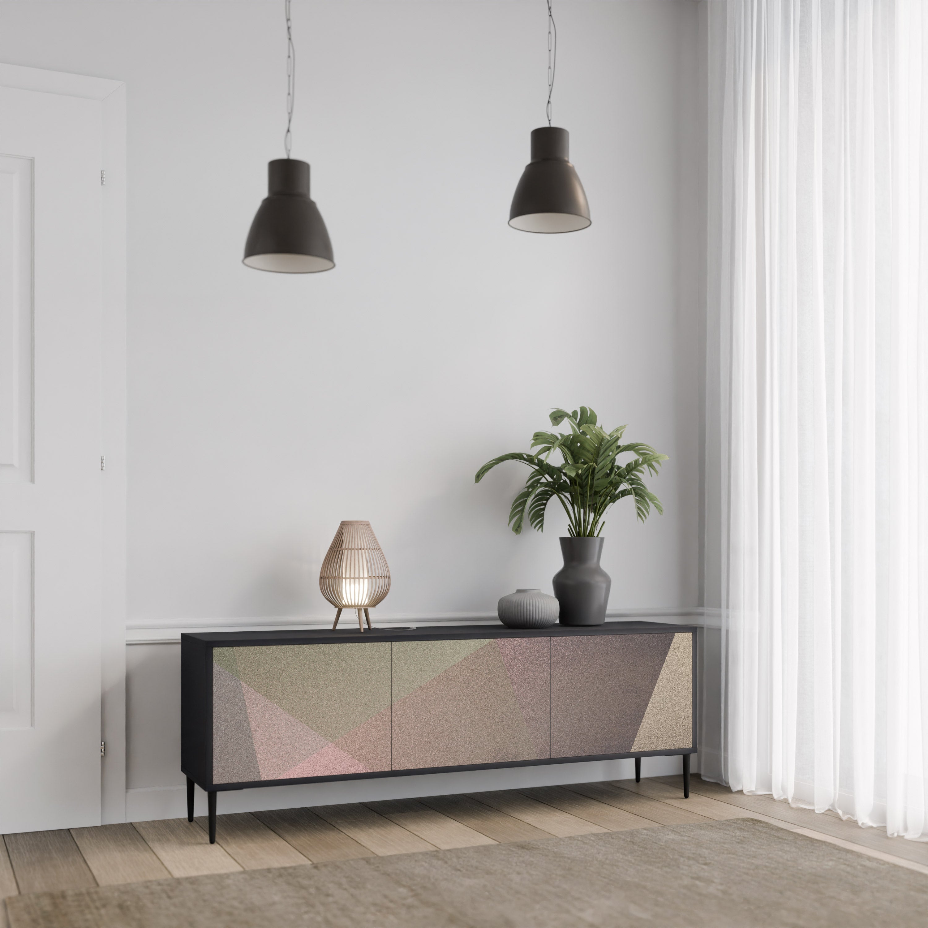 BEIGE GEOMETRY TV-Lowboard mit 3 Türen in Schwarz