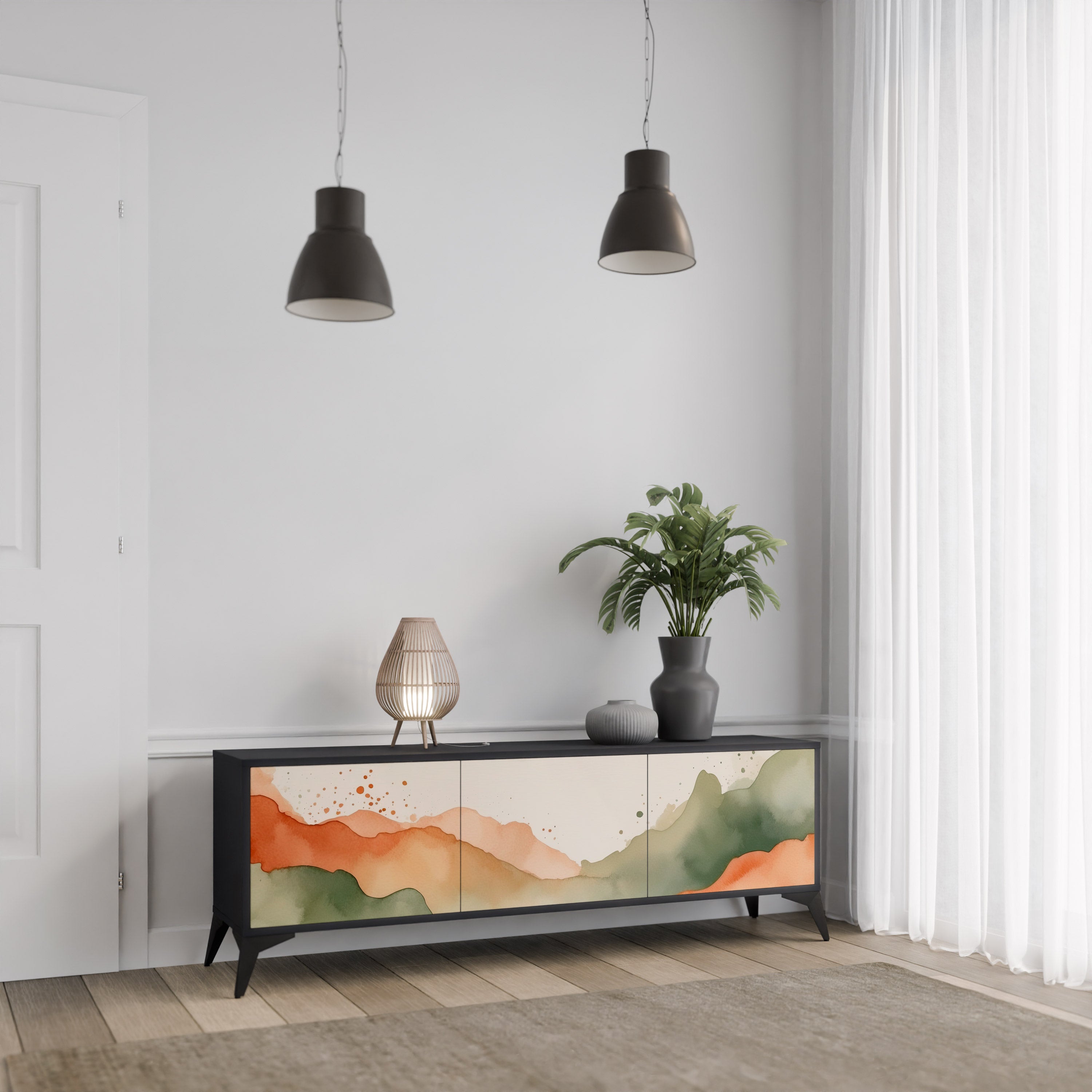 WATERCOLOUR PEAKS TV-Lowboard mit 3 Türen in Schwarz