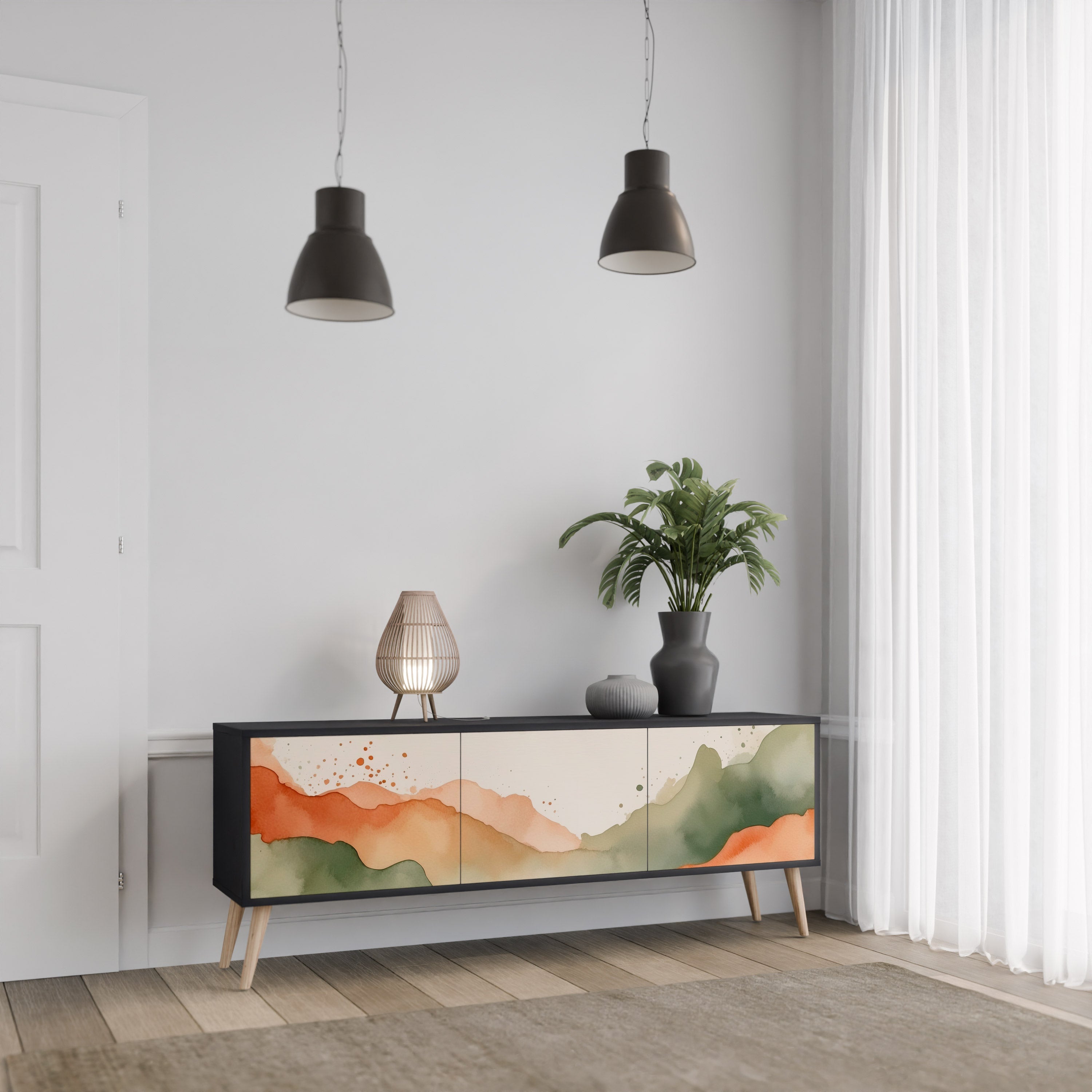 WATERCOLOUR PEAKS TV-Lowboard mit 3 Türen in Schwarz