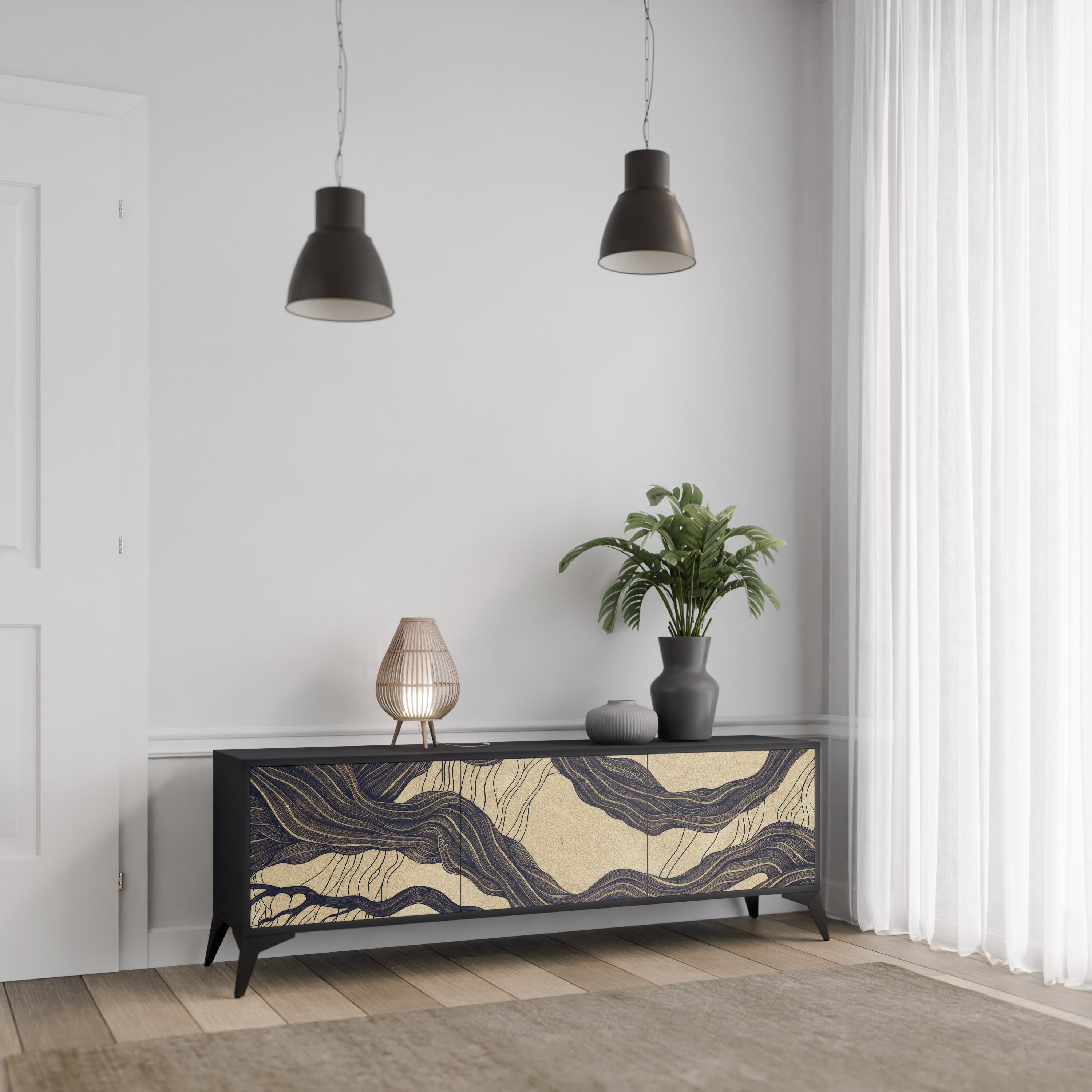 UNIFIED FRAGMENTS 3-Door TV Stand in Black Finish