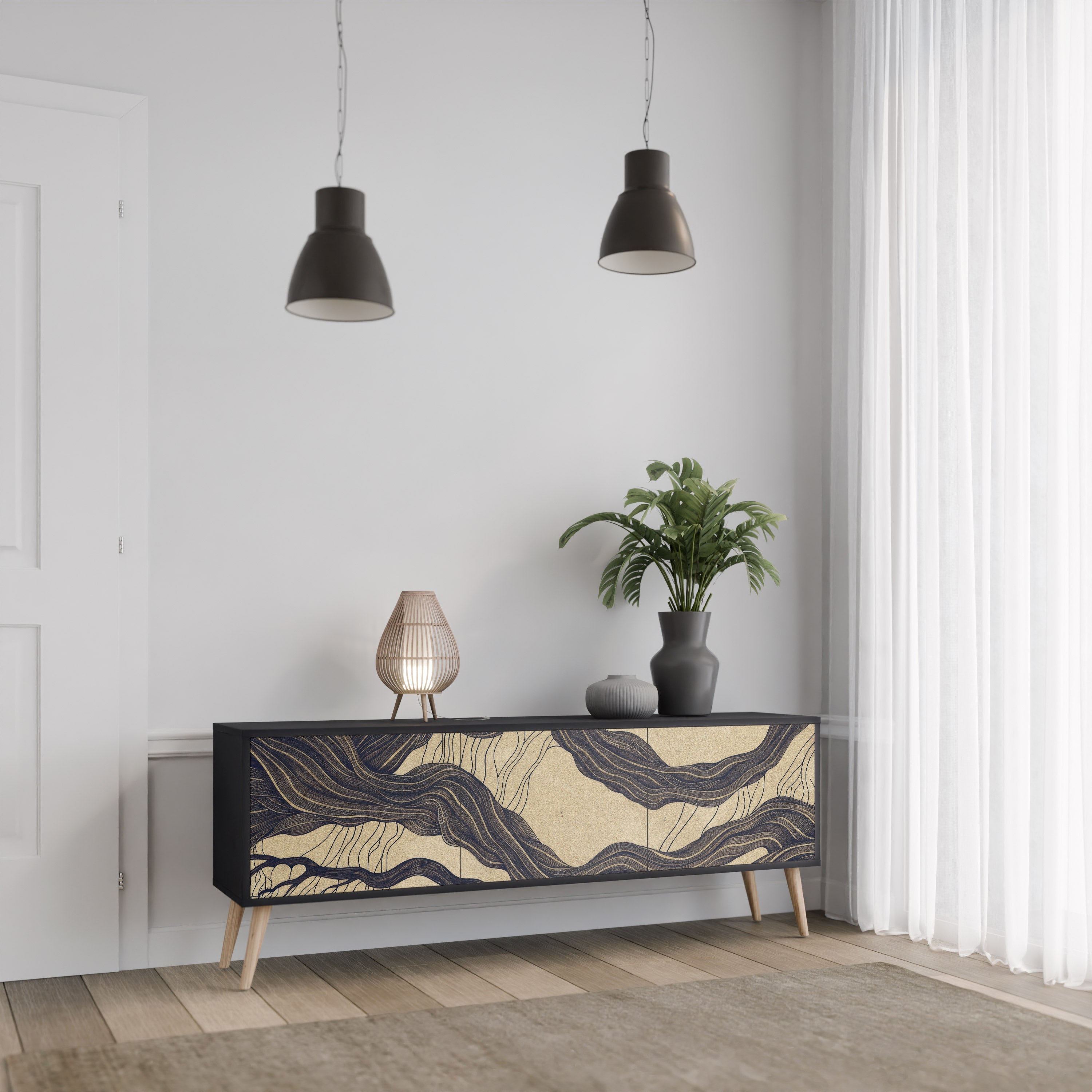 UNIFIED FRAGMENTS 3-Door TV Stand in Black Finish