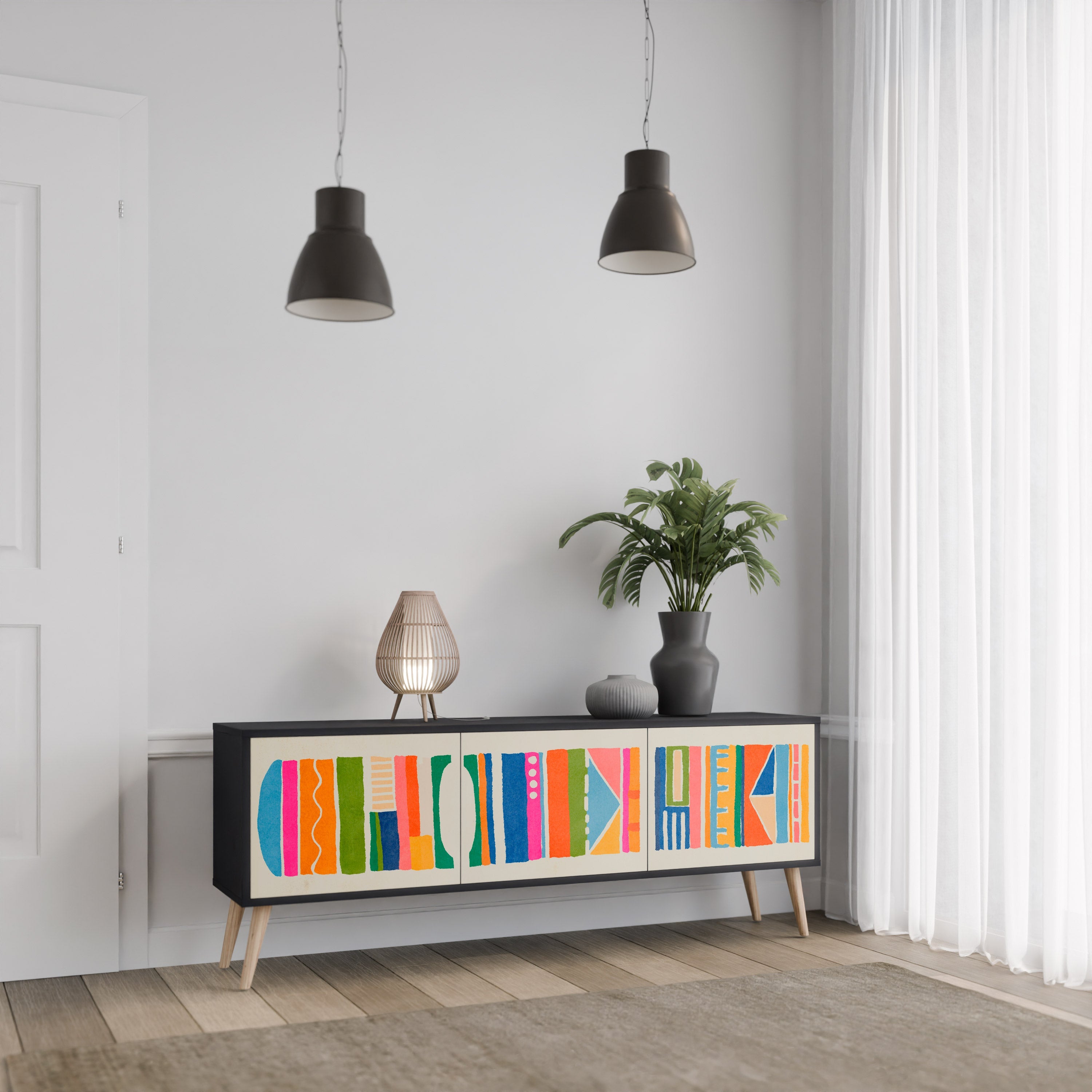 GEOMETRIC SHINE TV-Lowboard mit 3 Türen in Schwarz