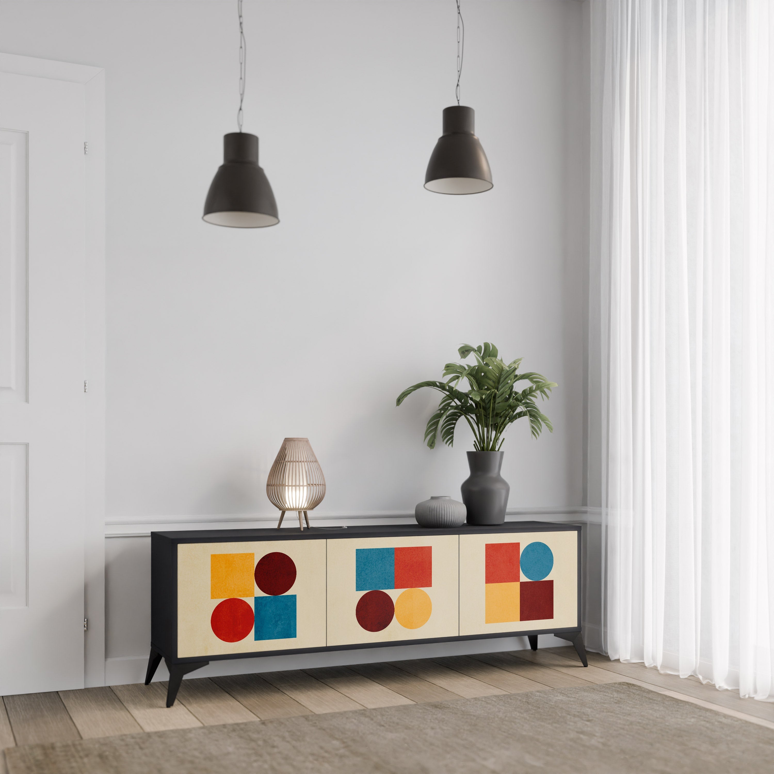 GEOMETRIC PUZZLE TV-Lowboard mit 3 Türen in Schwarz