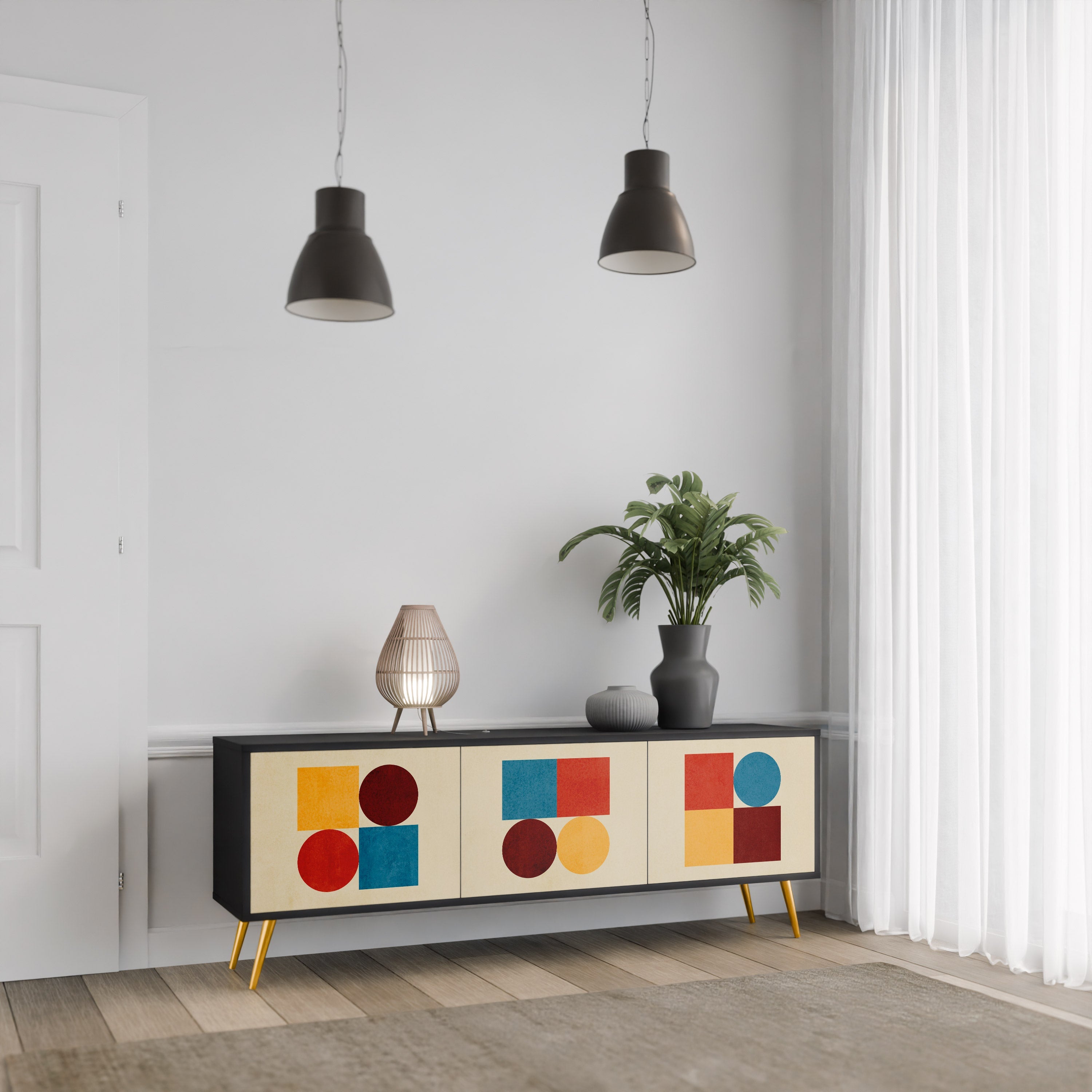 GEOMETRIC PUZZLE TV-Lowboard mit 3 Türen in Schwarz