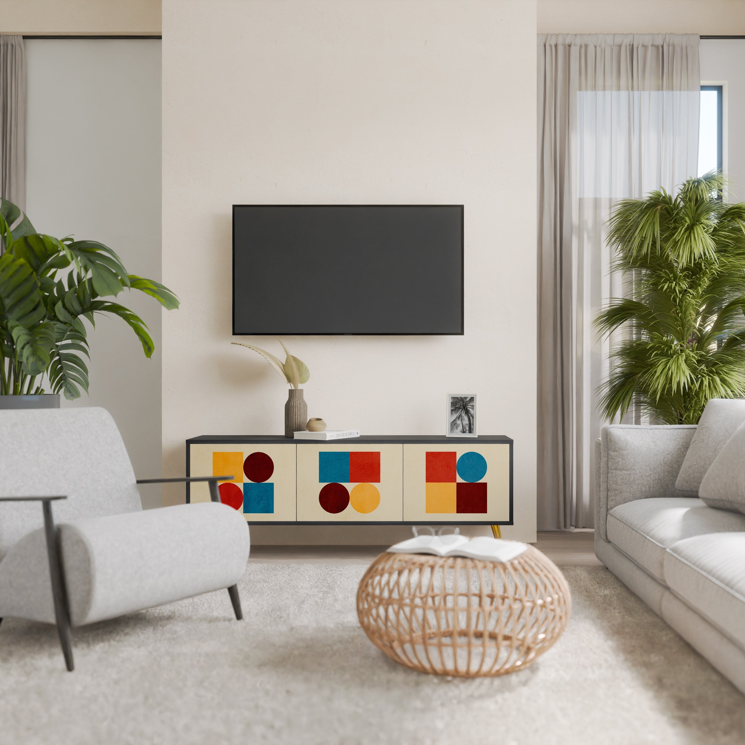 GEOMETRIC PUZZLE TV-Lowboard mit 3 Türen in Schwarz