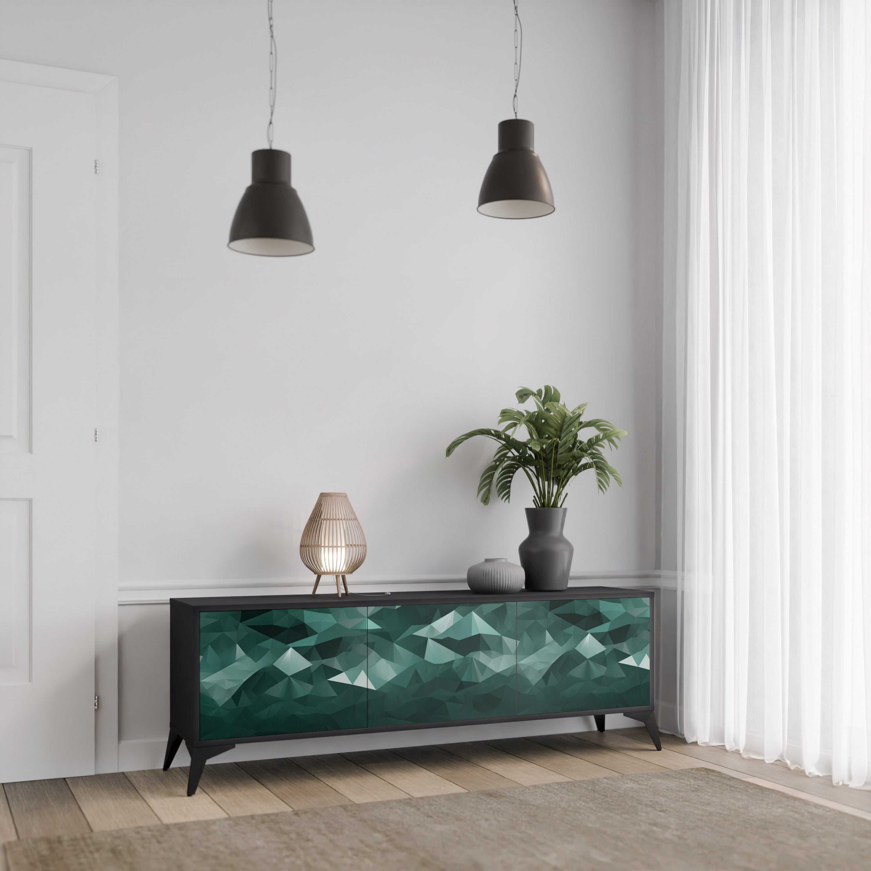 POLYGONAL FLOATING TV-Lowboard mit 3 Türen in Schwarz