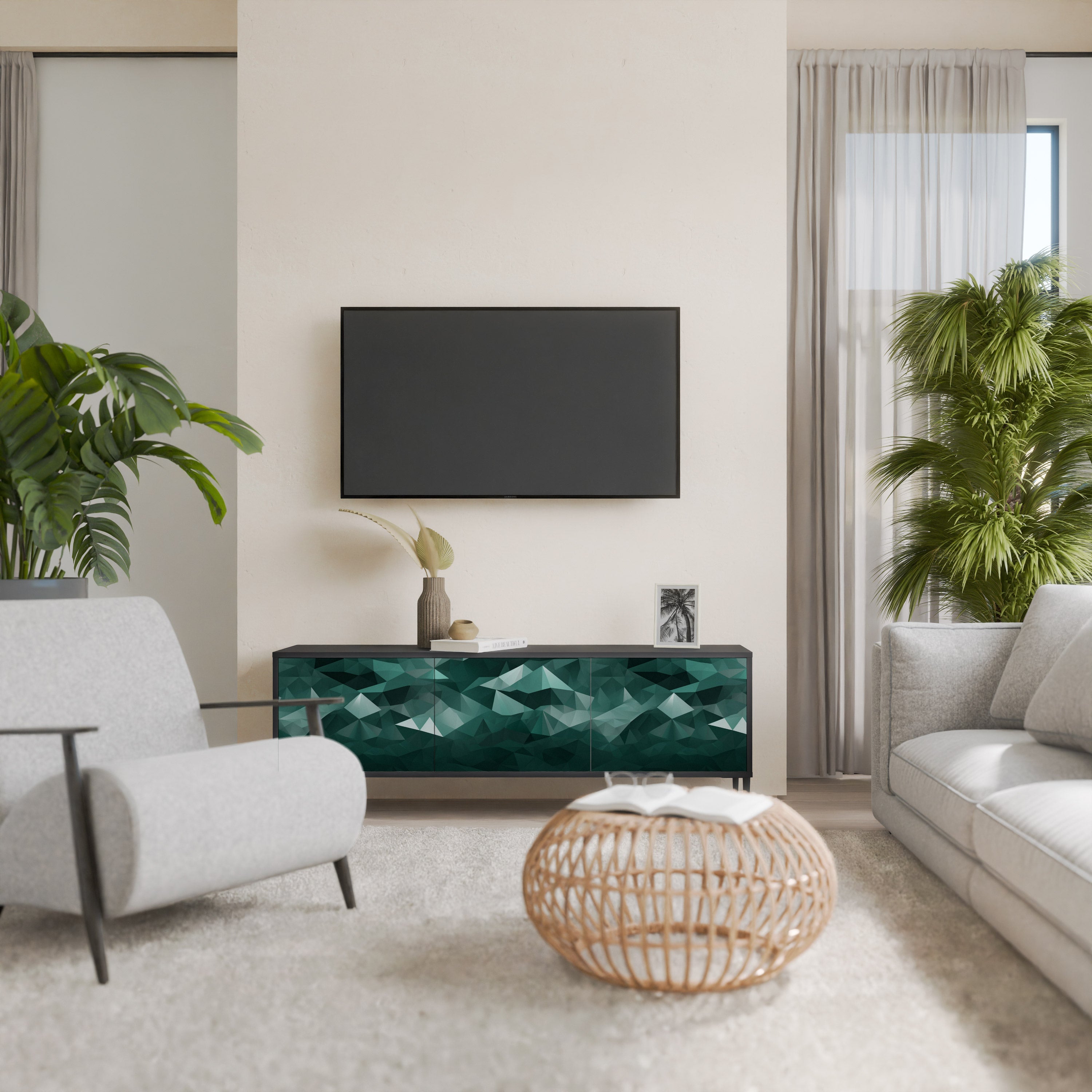 POLYGONAL FLOATING TV-Lowboard mit 3 Türen in Schwarz