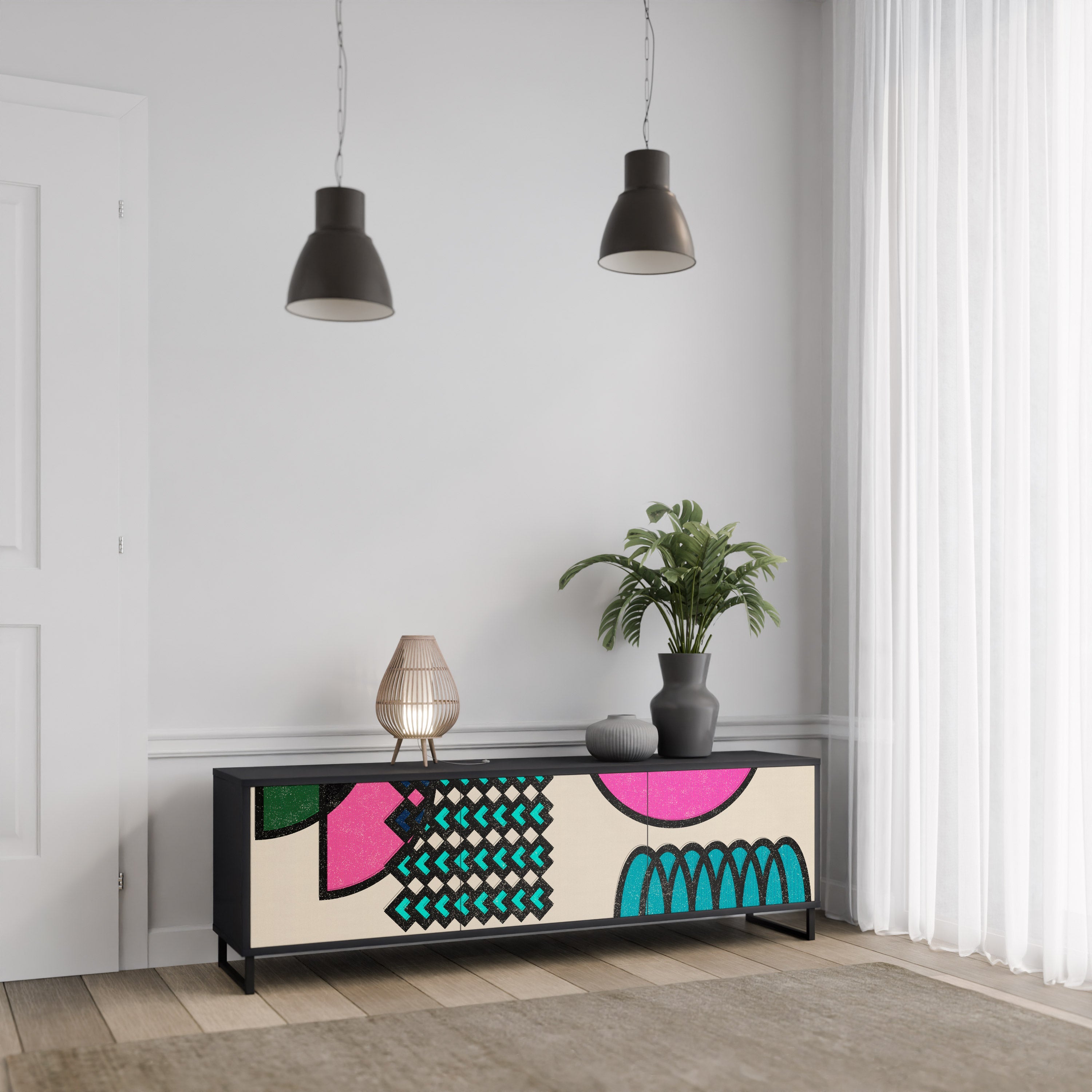 GEOMETRIC RHAPSODY TV-Lowboard mit 3 Türen in Schwarz