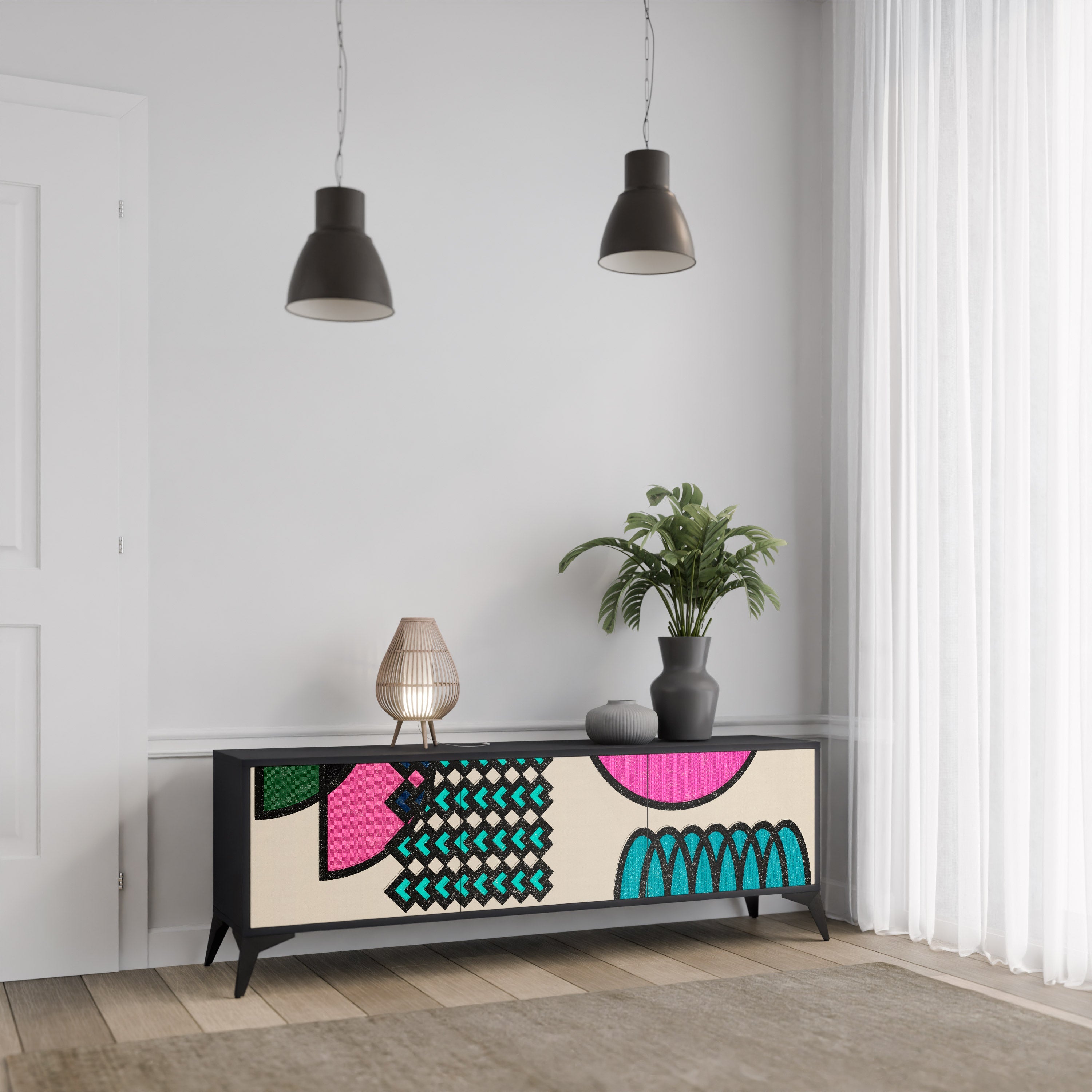 GEOMETRIC RHAPSODY TV-Lowboard mit 3 Türen in Schwarz