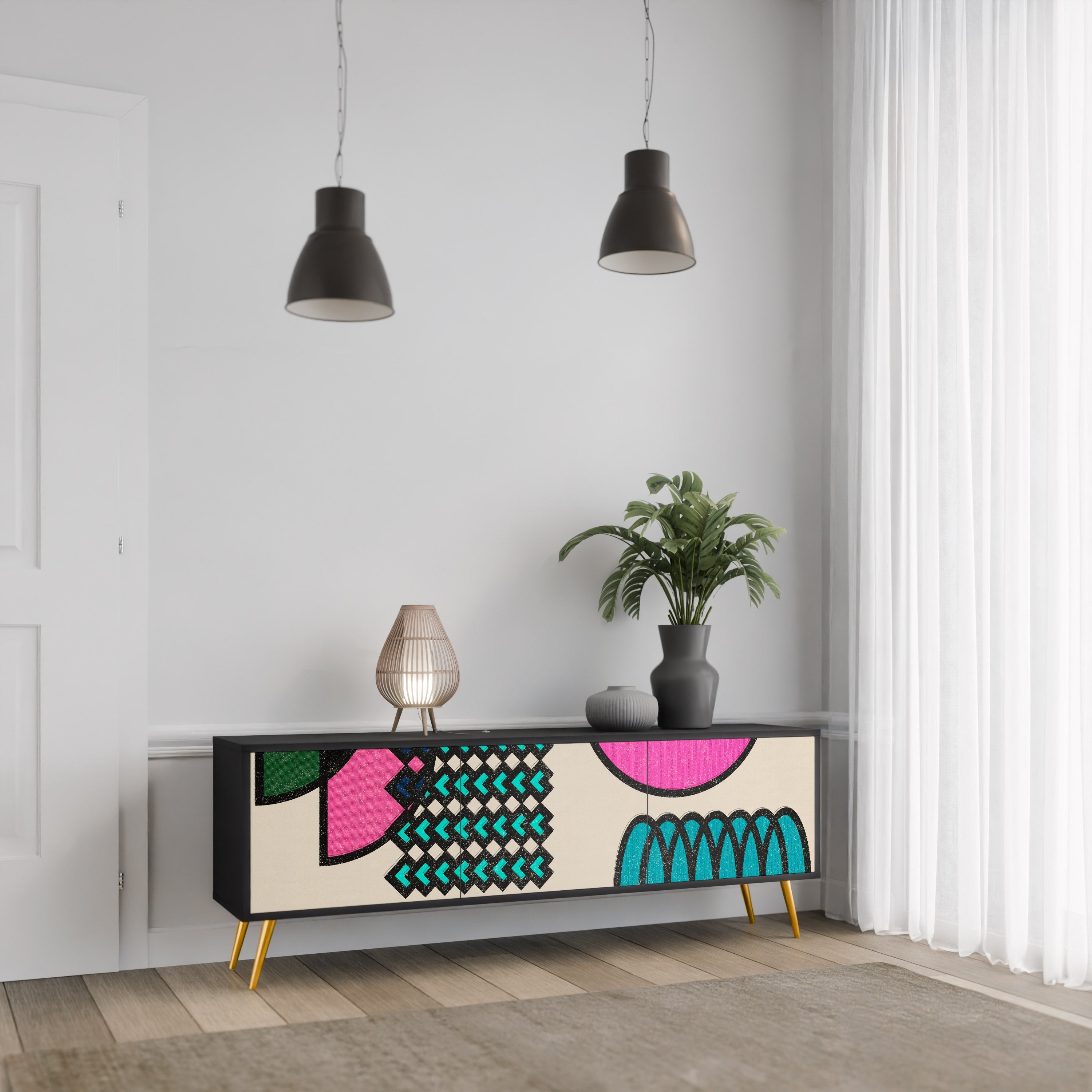 GEOMETRIC RHAPSODY TV-Lowboard mit 3 Türen in Schwarz