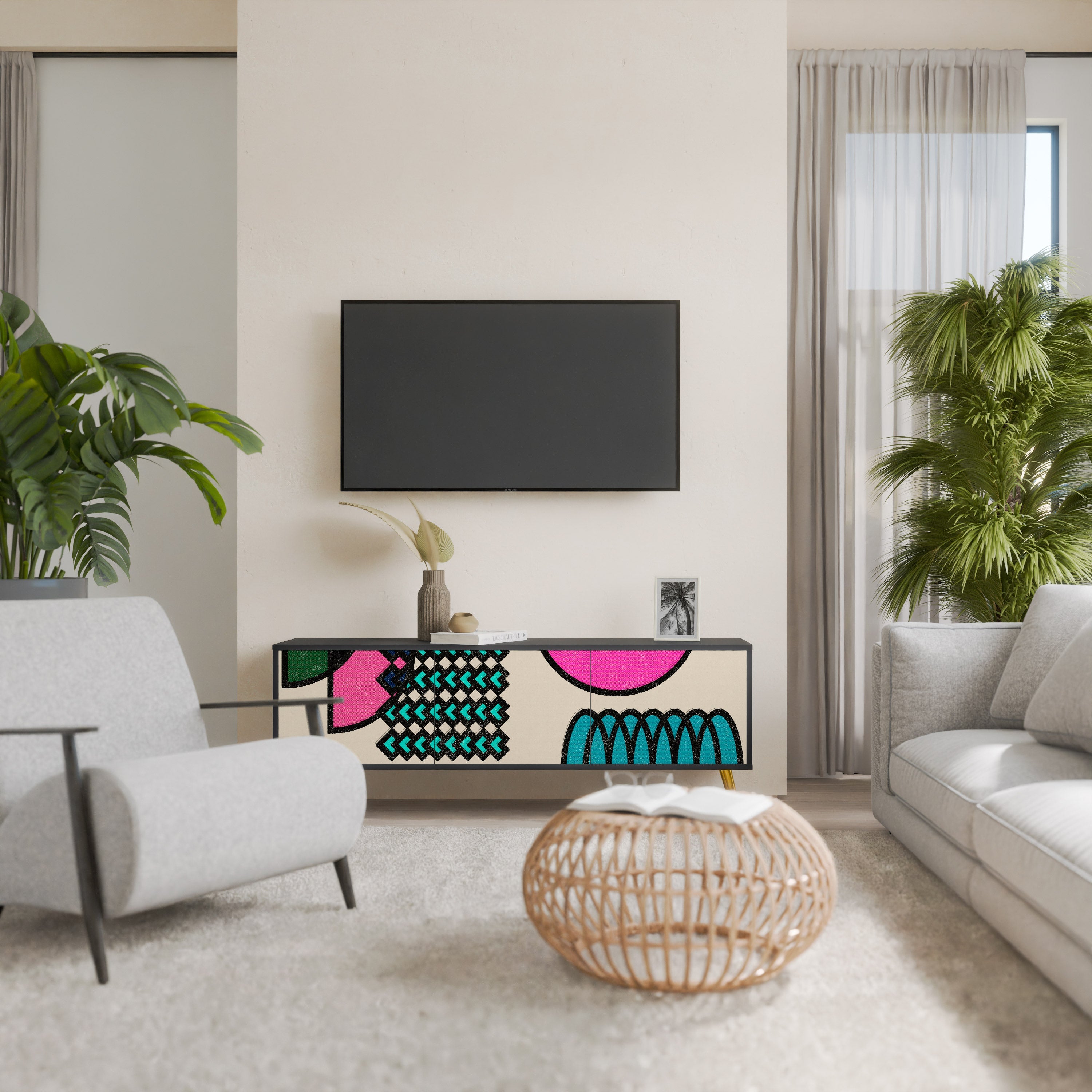 GEOMETRIC RHAPSODY TV-Lowboard mit 3 Türen in Schwarz