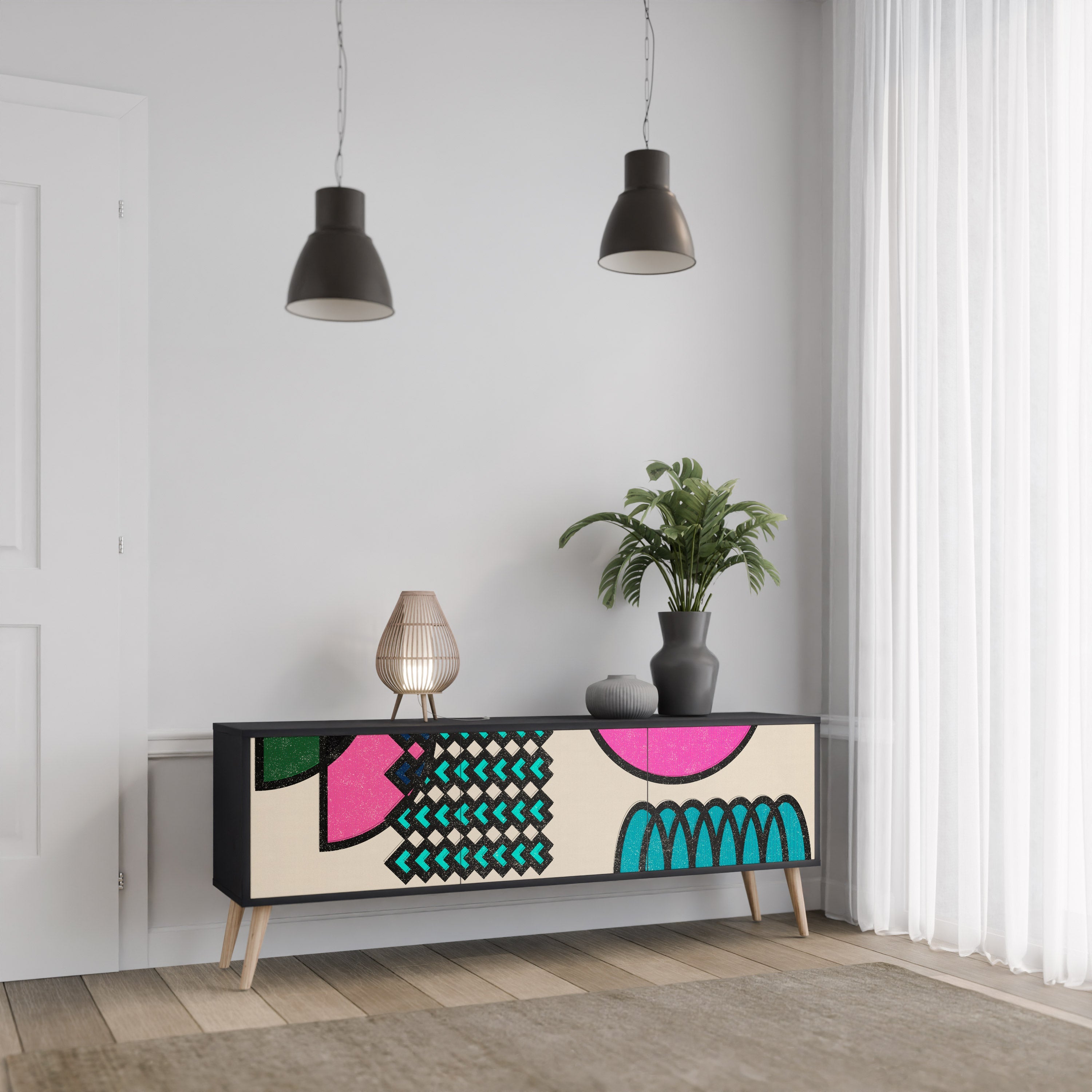 GEOMETRIC RHAPSODY TV-Lowboard mit 3 Türen in Schwarz