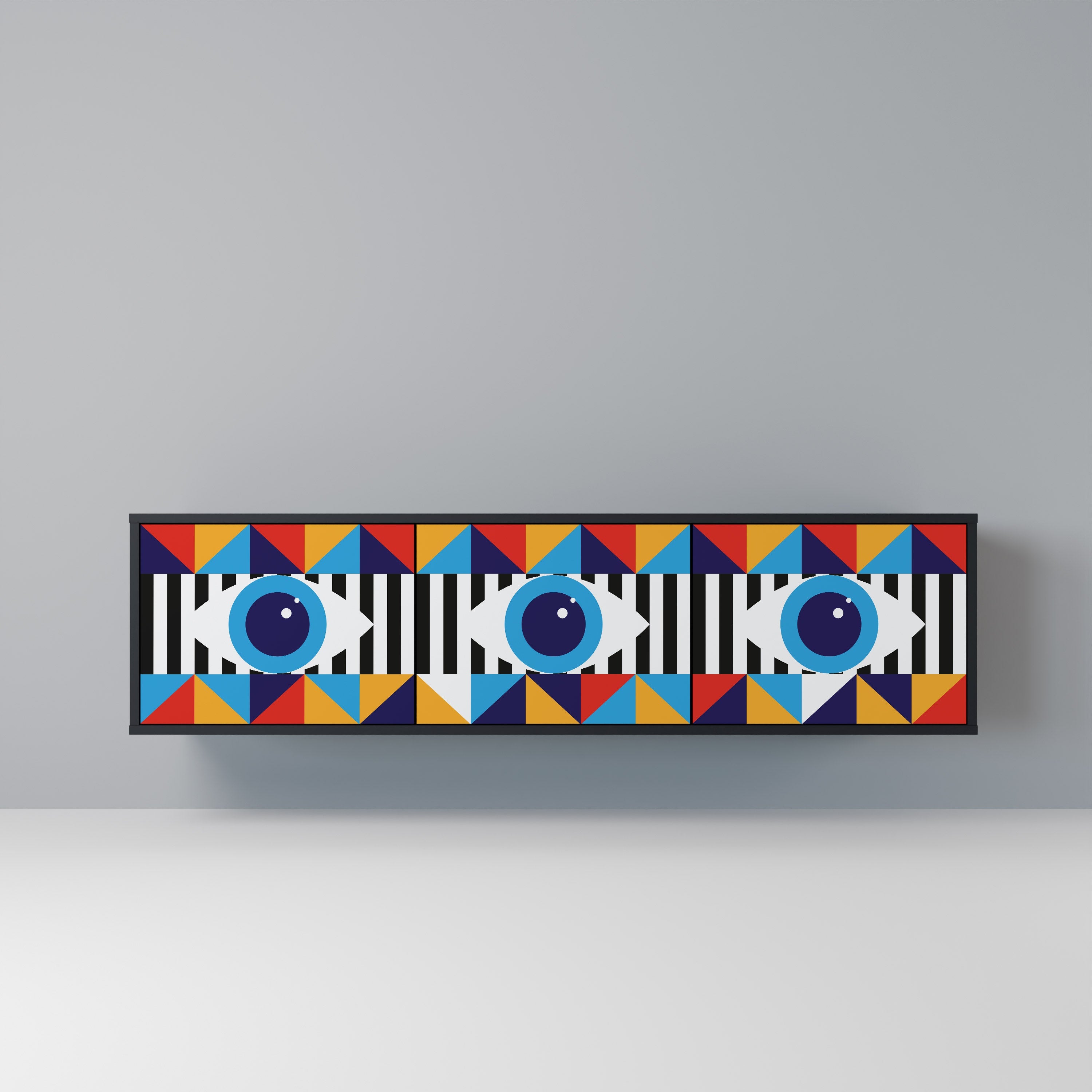 ABSTRACTION AND GEOMETRY 3-Door TV Stand in Black Finish