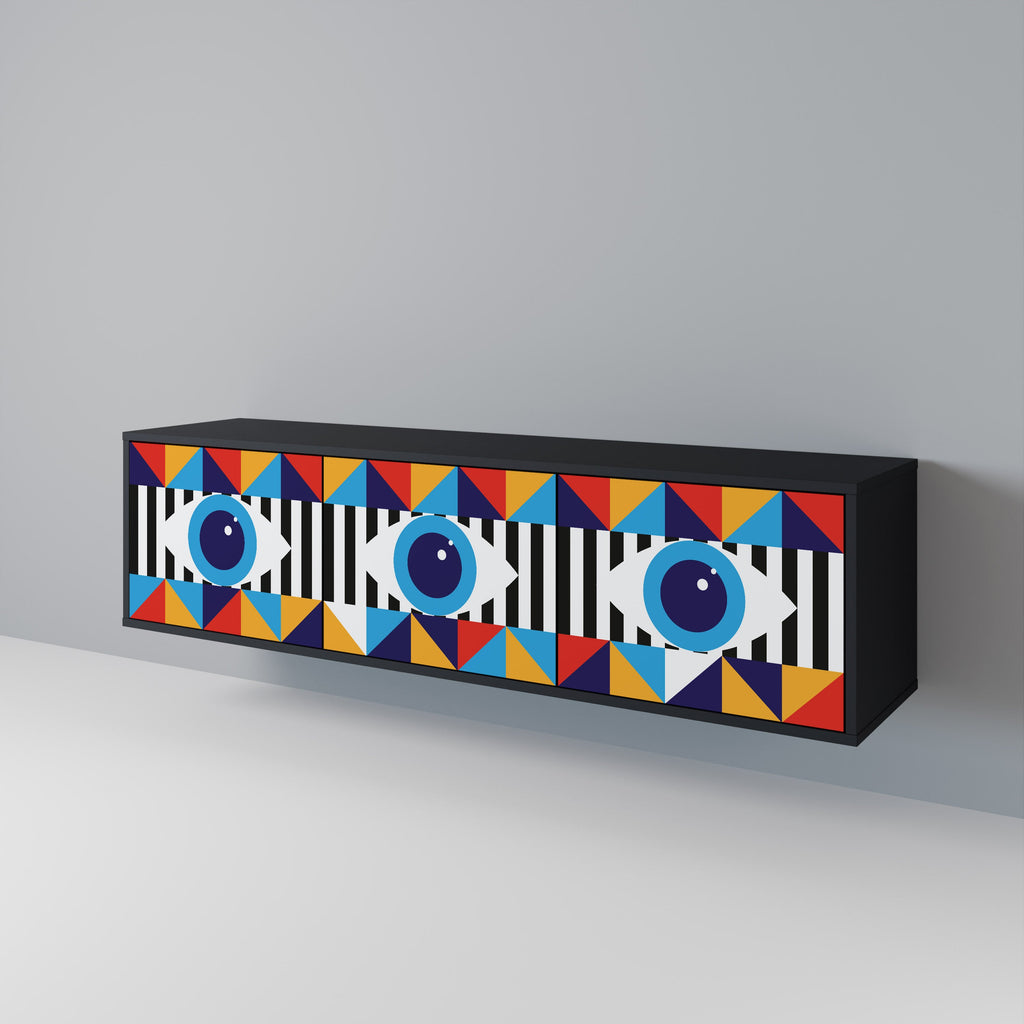 ABSTRACTION AND GEOMETRY 3-Door TV Stand in Black Finish