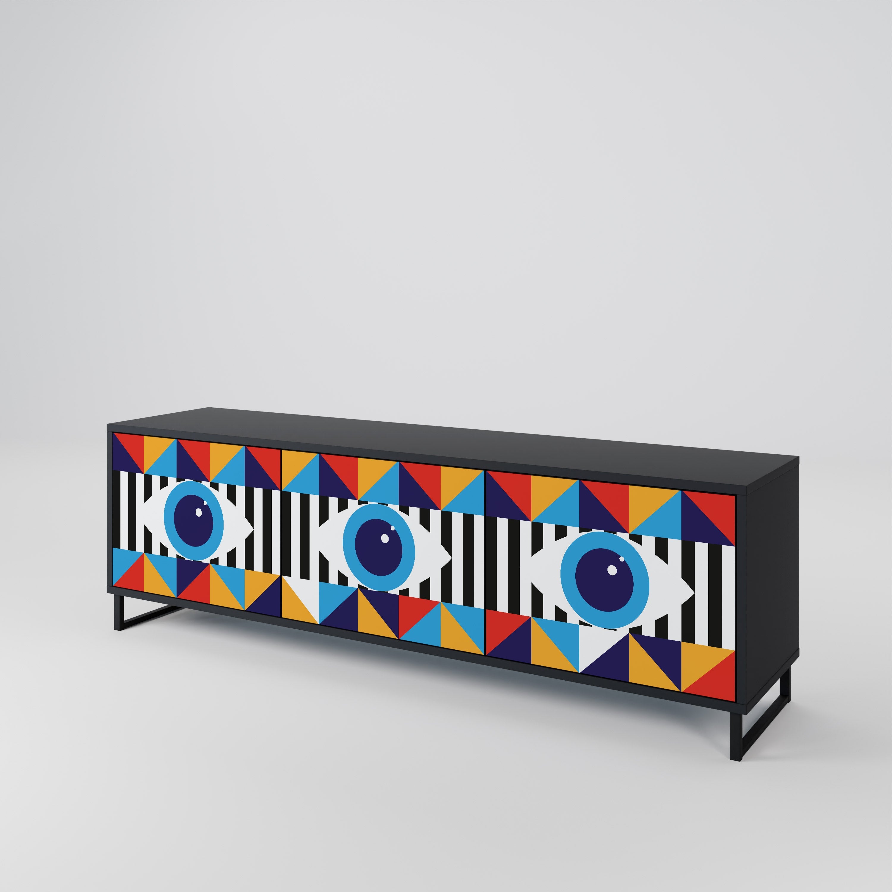 ABSTRACTION AND GEOMETRY 3-Door TV Stand in Black Finish
