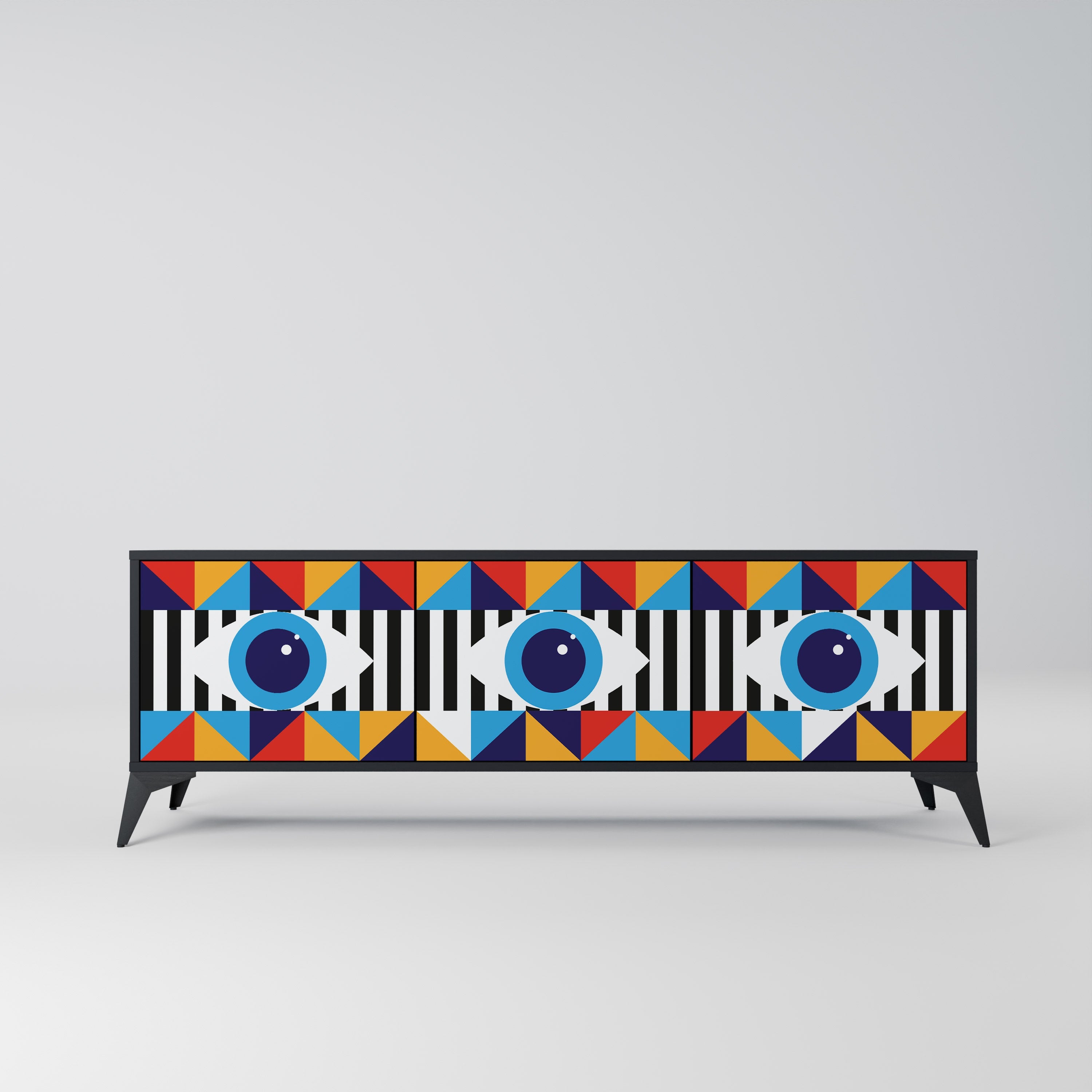 ABSTRACTION AND GEOMETRY 3-Door TV Stand in Black Finish