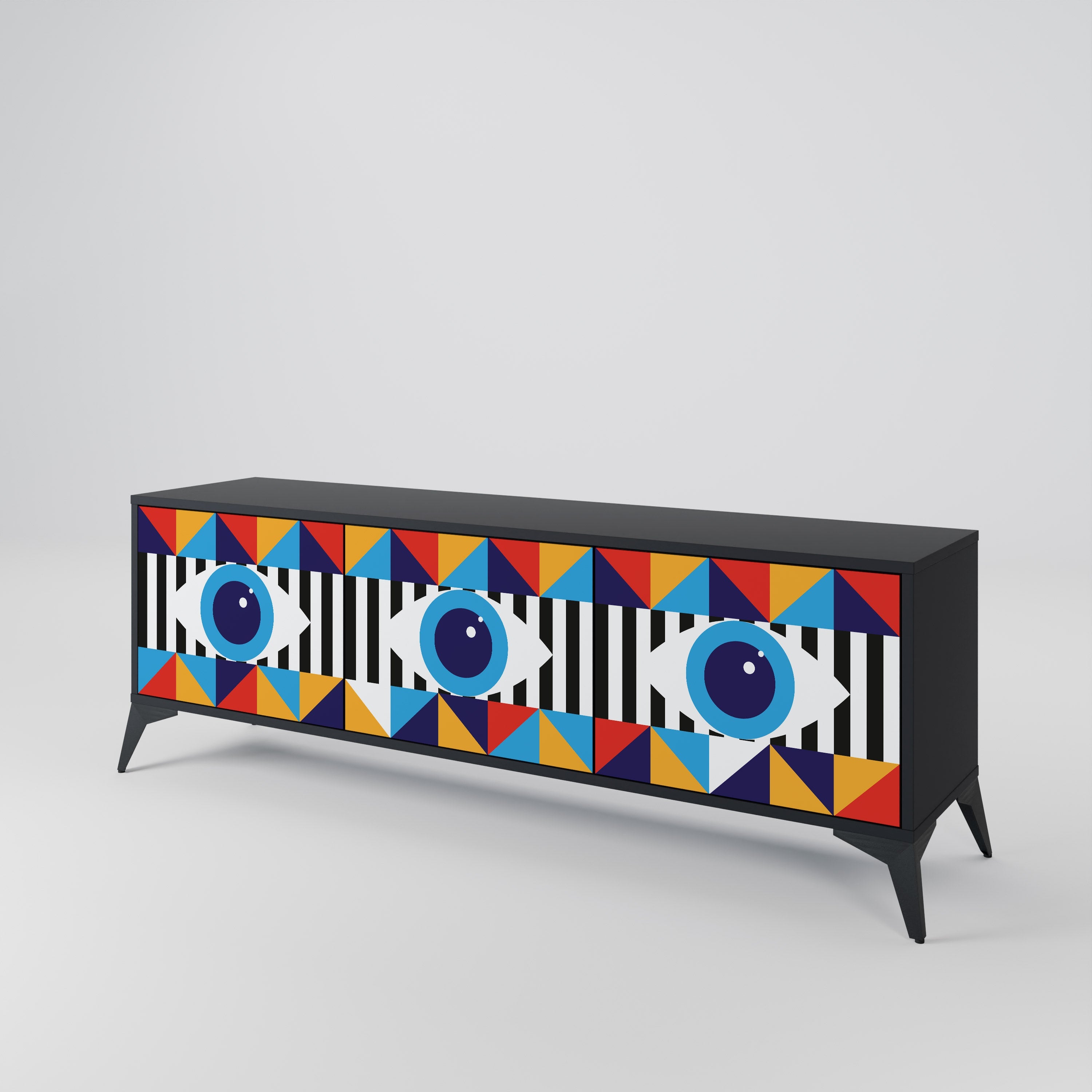 ABSTRACTION AND GEOMETRY 3-Door TV Stand in Black Finish