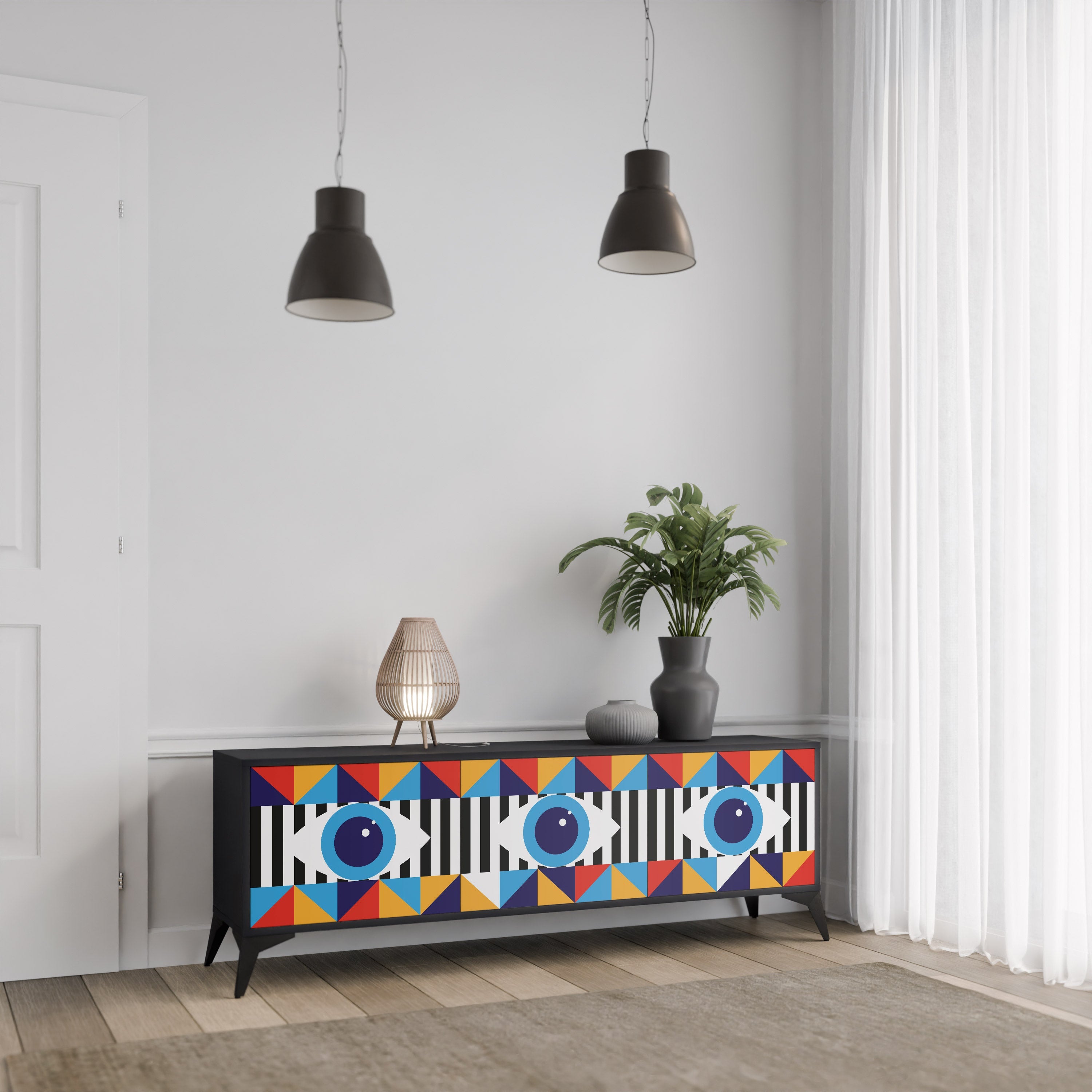 ABSTRACTION AND GEOMETRY 3-Door TV Stand in Black Finish