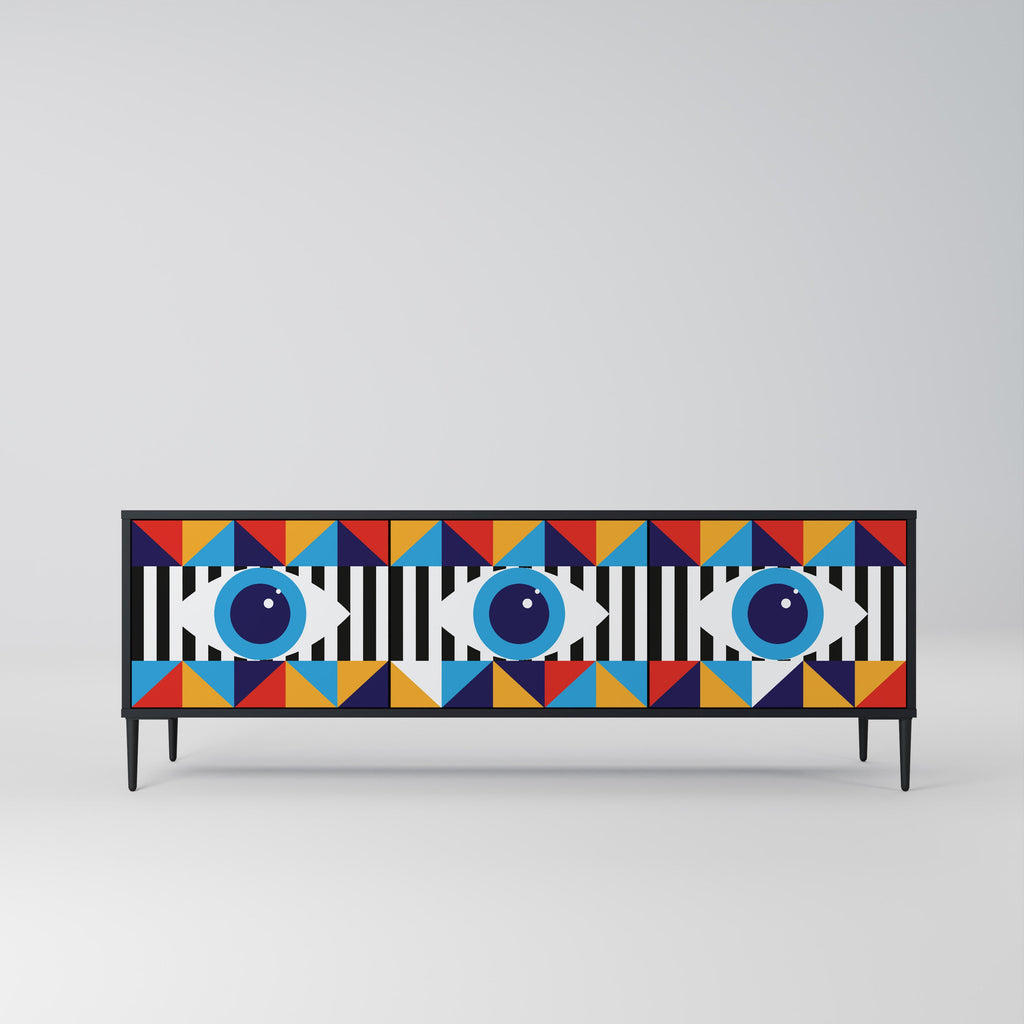ABSTRACTION AND GEOMETRY 3-Door TV Stand in Black Finish