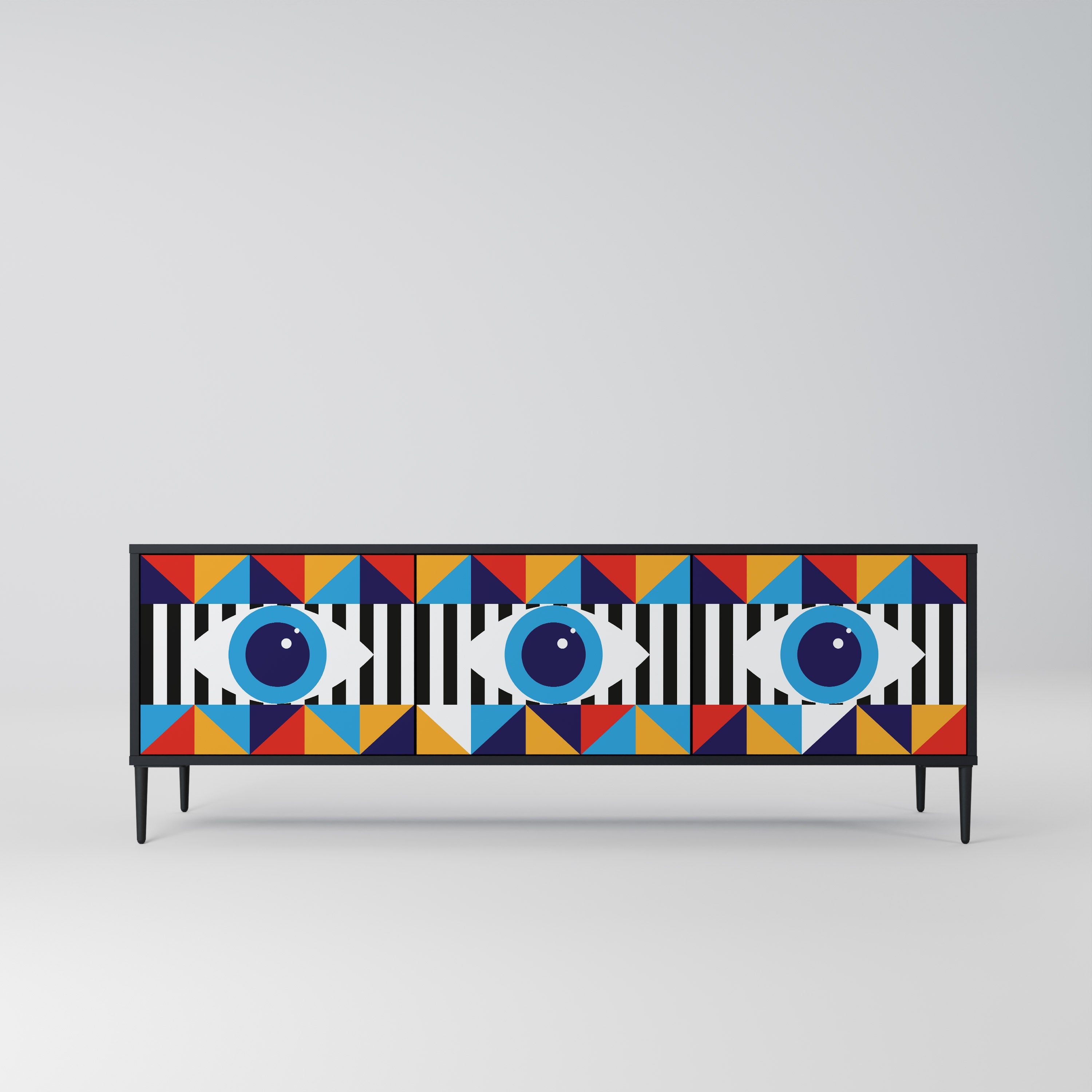 ABSTRACTION AND GEOMETRY 3-Door TV Stand in Black Finish