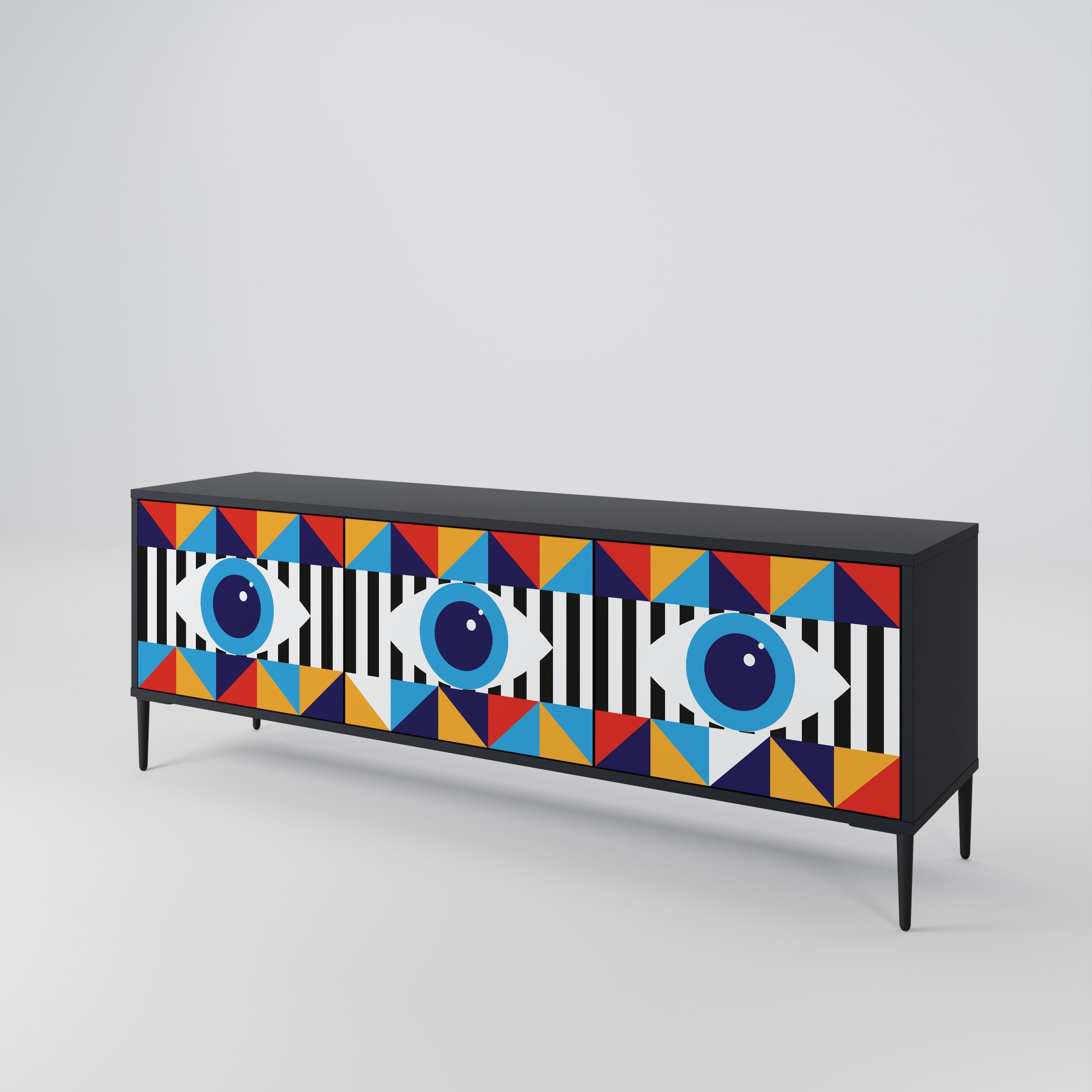 ABSTRACTION AND GEOMETRY 3-Door TV Stand in Black Finish