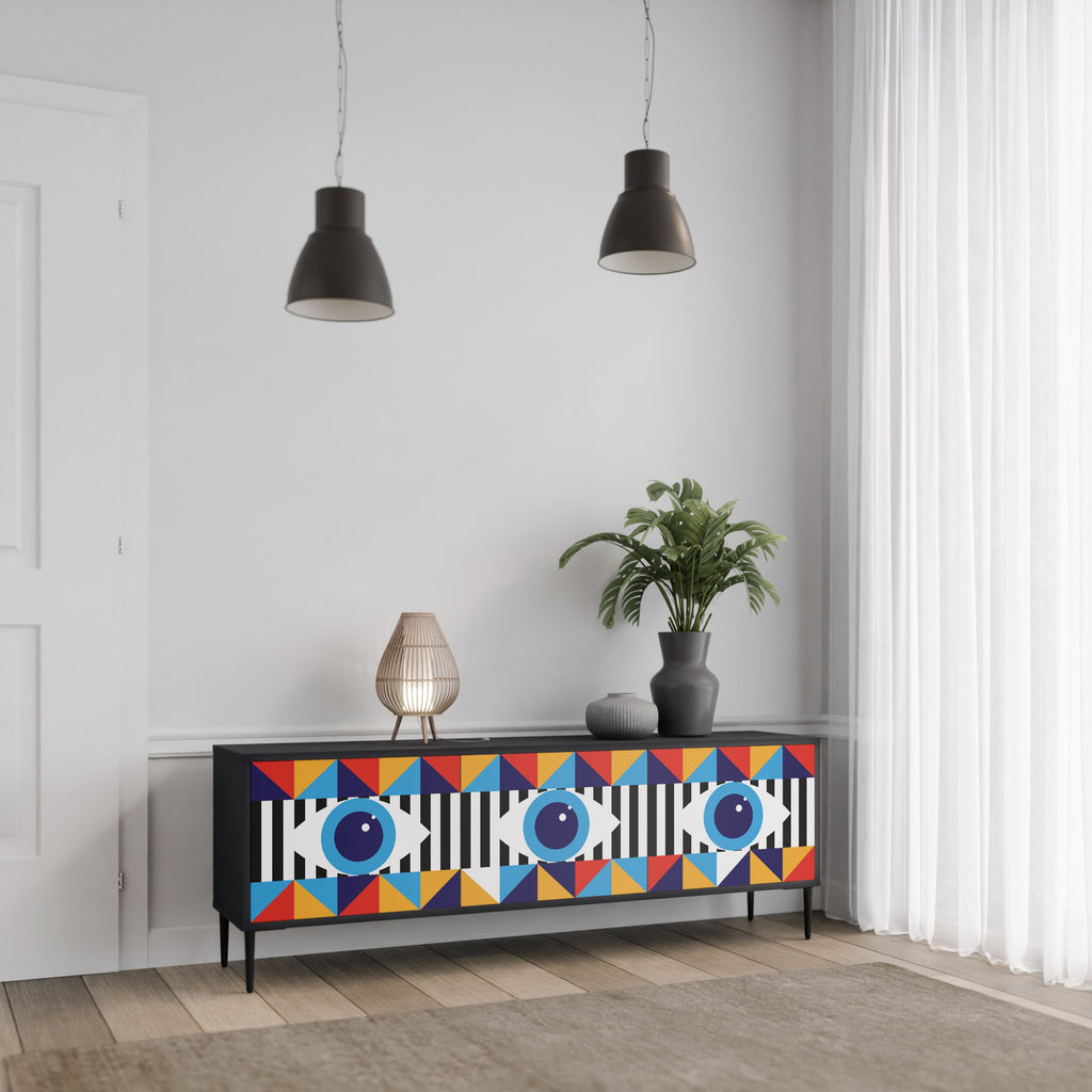 ABSTRACTION AND GEOMETRY 3-Door TV Stand in Black Finish