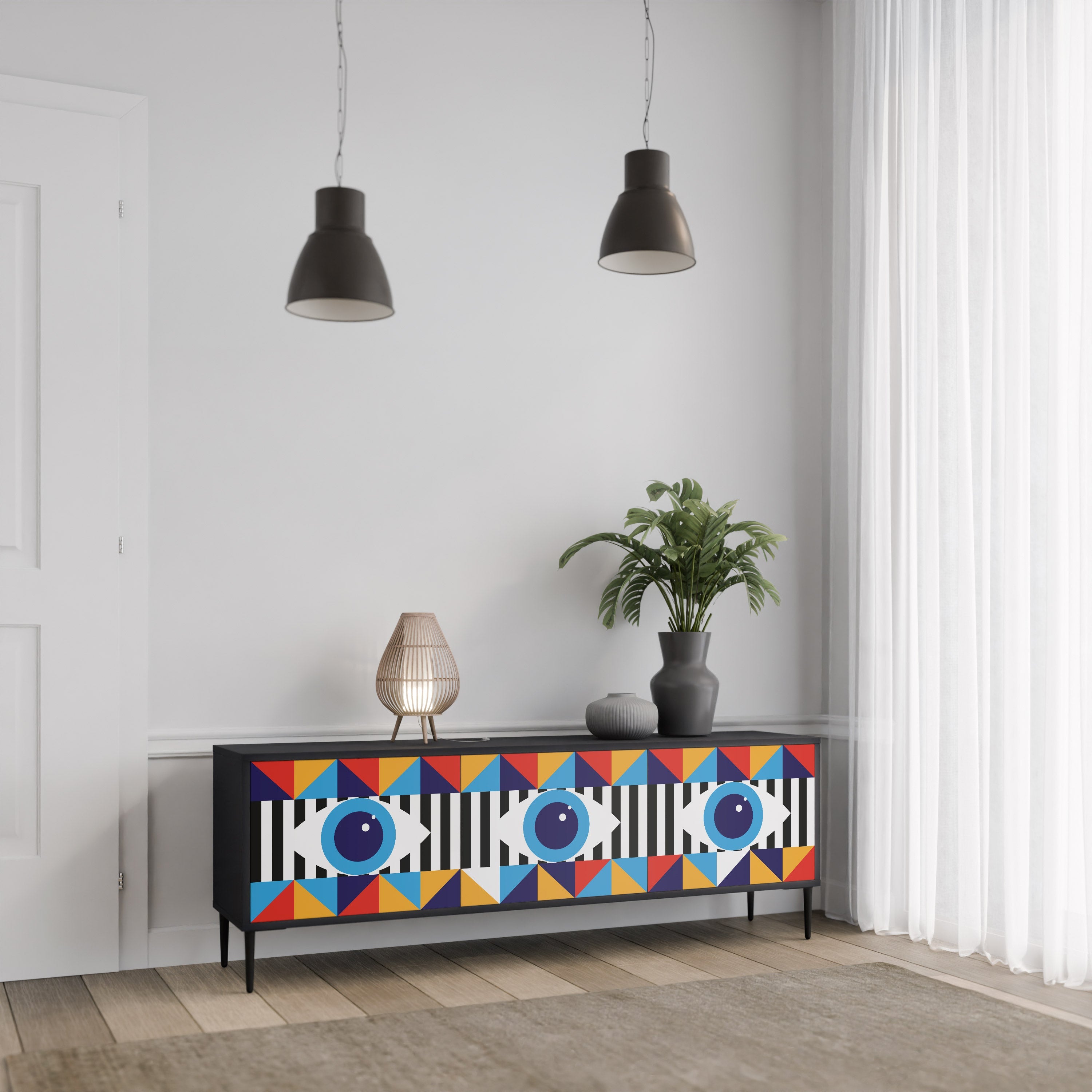 ABSTRACTION AND GEOMETRY 3-Door TV Stand in Black Finish