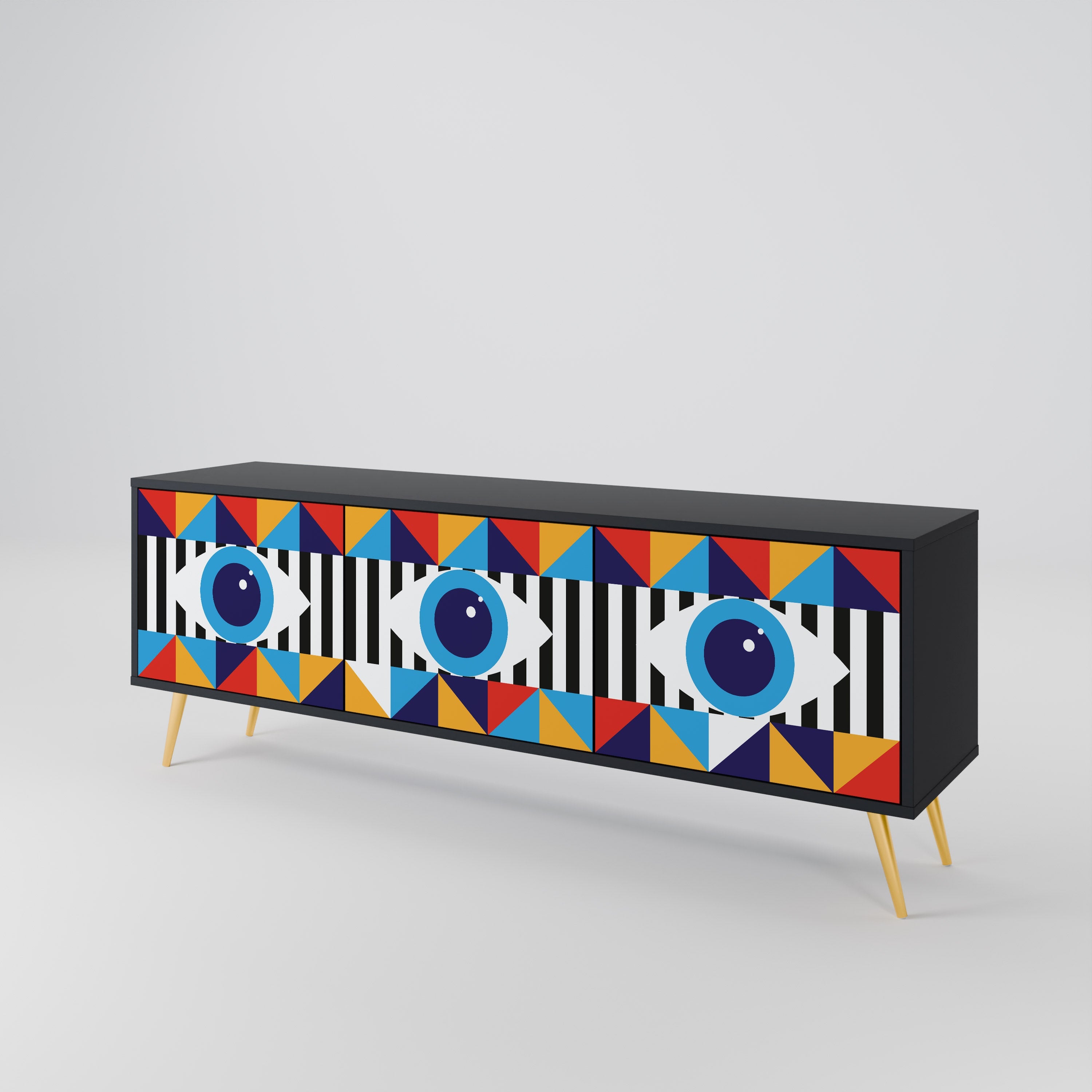 ABSTRACTION AND GEOMETRY 3-Door TV Stand in Black Finish