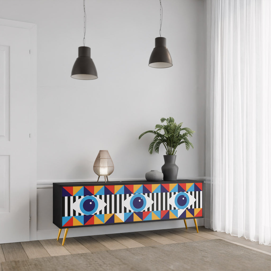 ABSTRACTION AND GEOMETRY 3-Door TV Stand in Black Finish