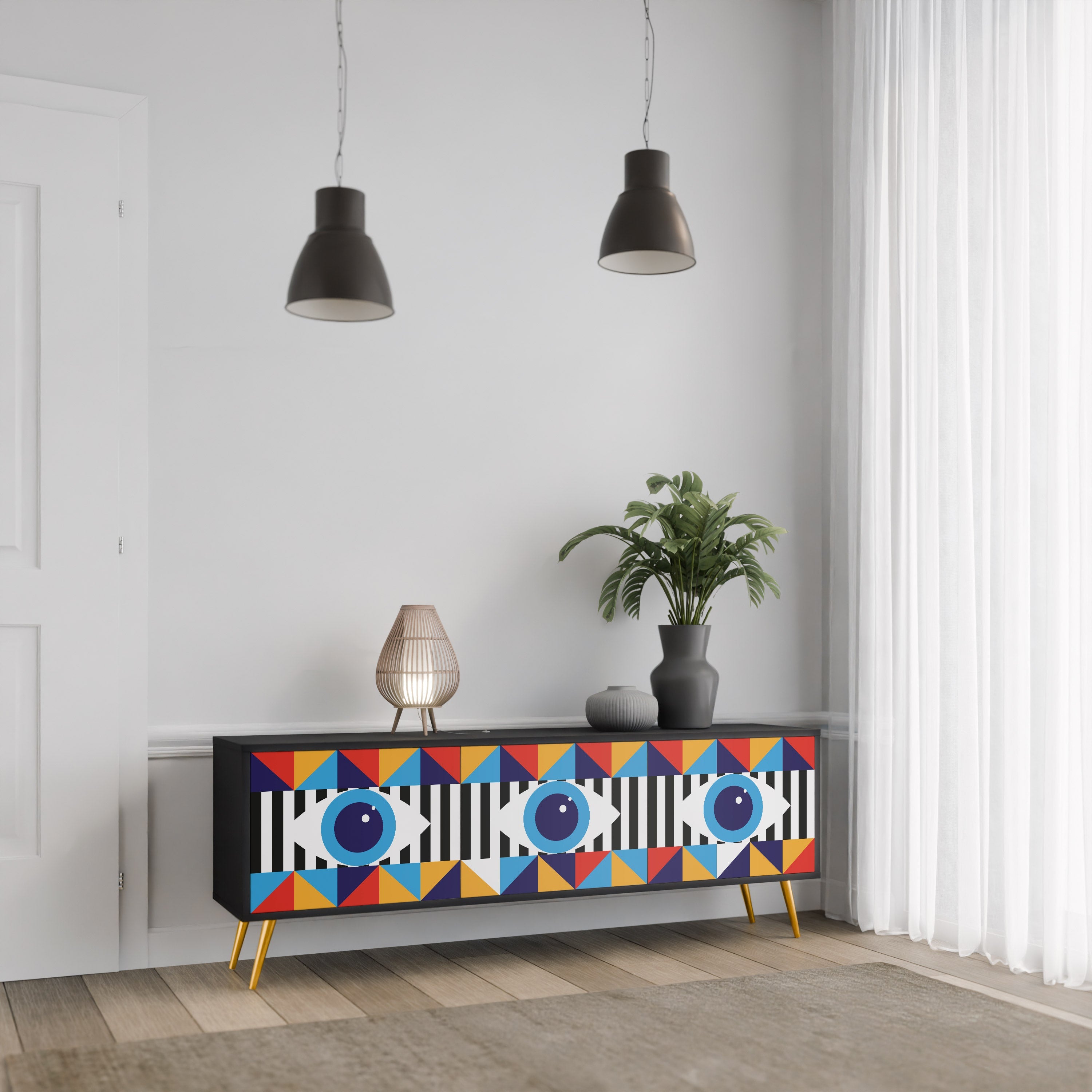 ABSTRACTION AND GEOMETRY 3-Door TV Stand in Black Finish