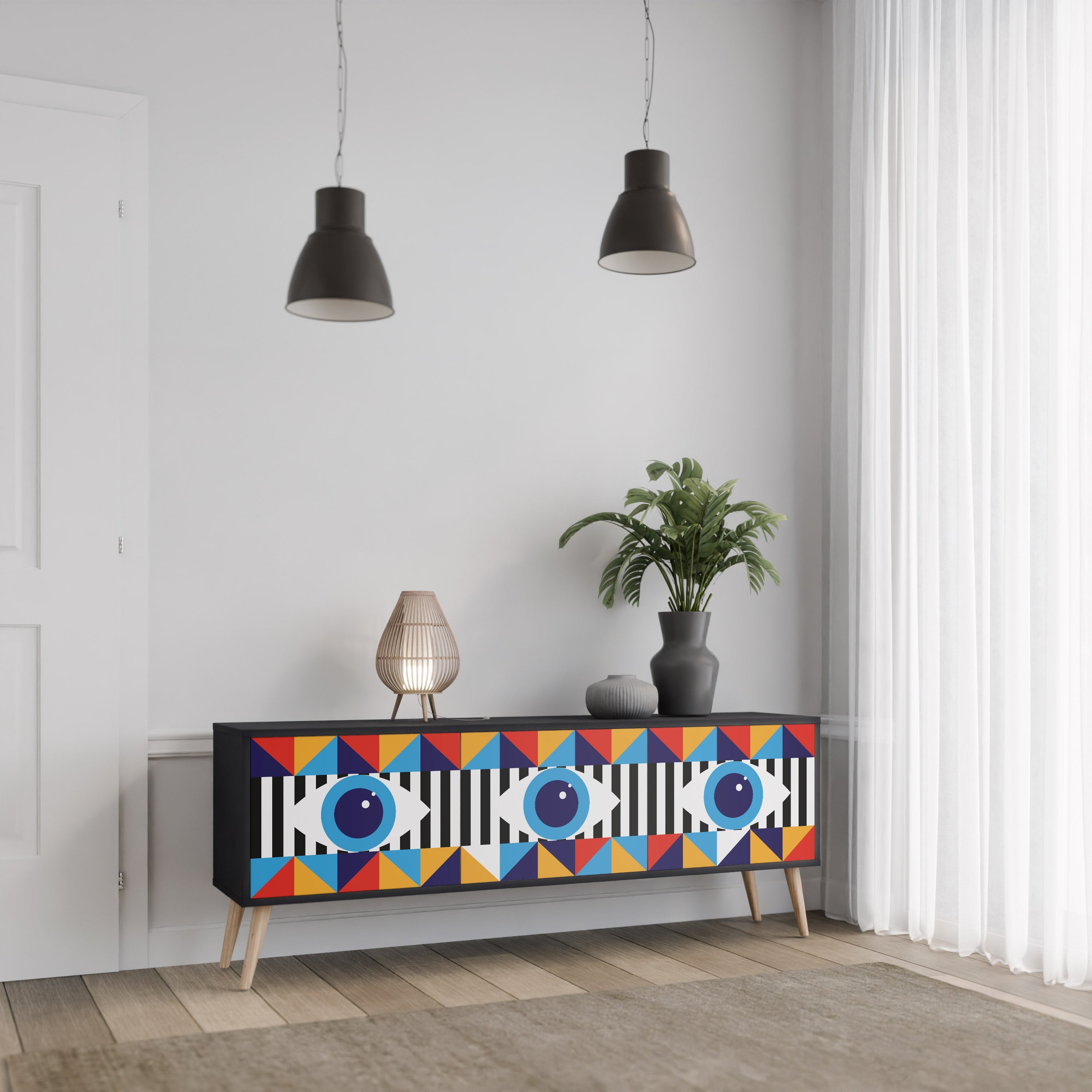 ABSTRACTION AND GEOMETRY 3-Door TV Stand in Black Finish