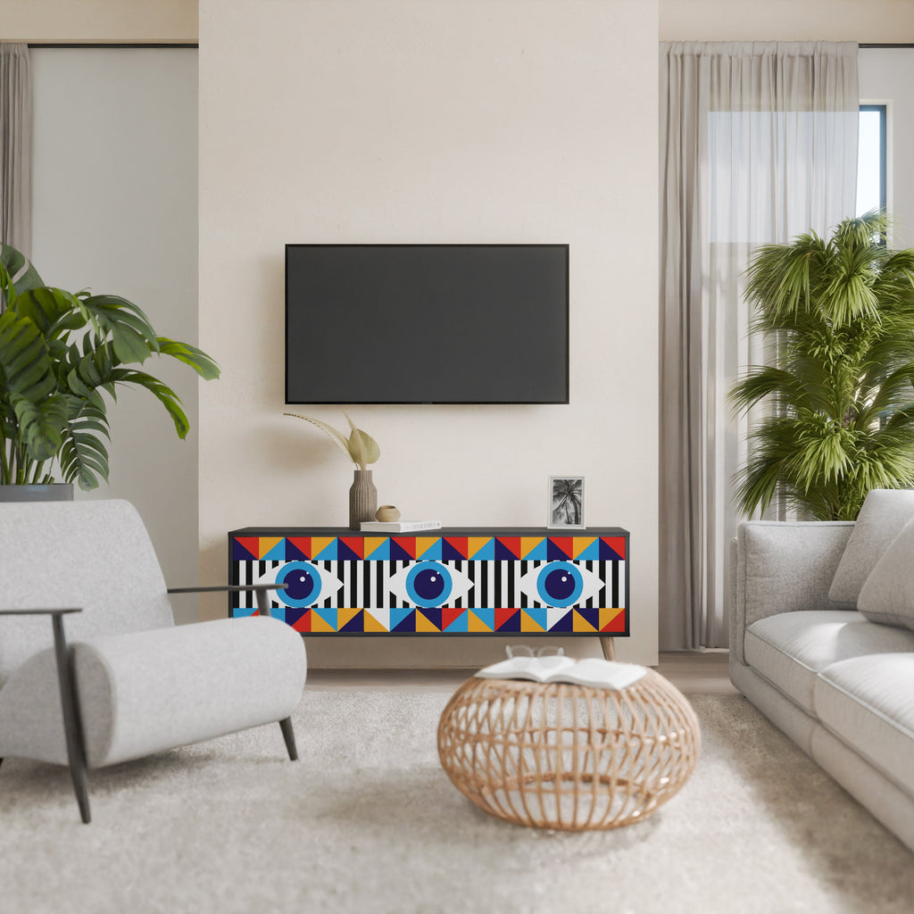 ABSTRACTION AND GEOMETRY 3-Door TV Stand in Black Finish