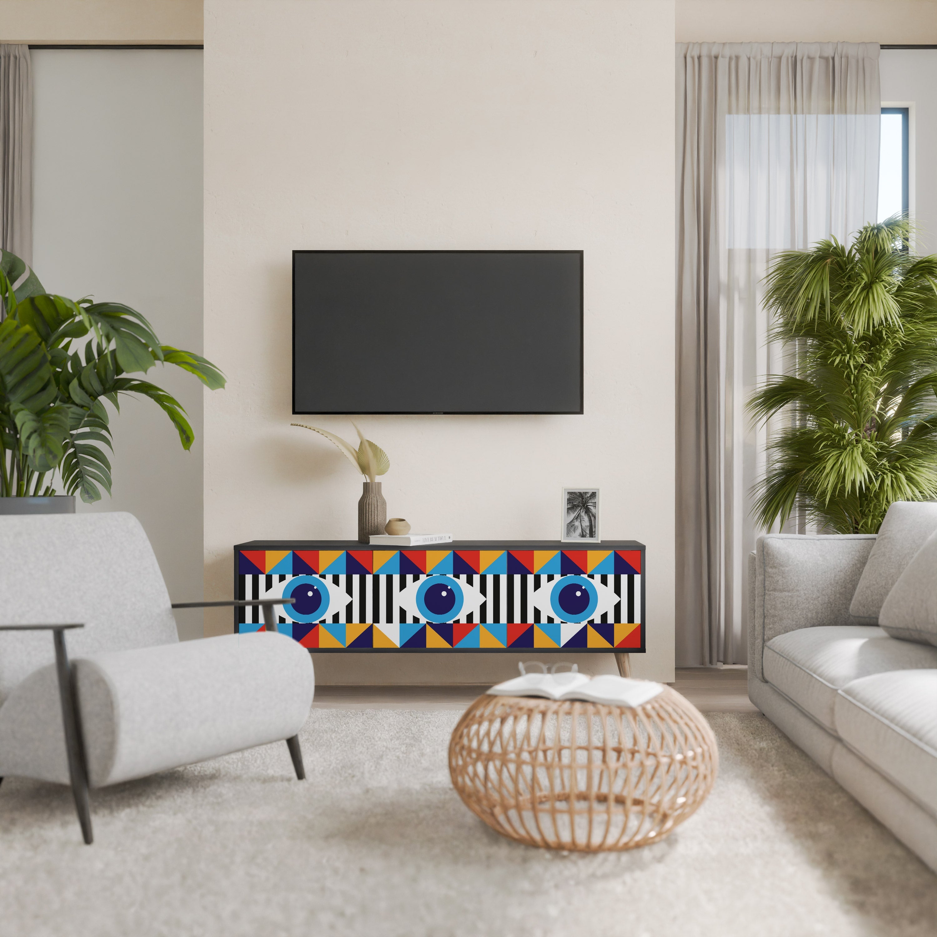 ABSTRACTION AND GEOMETRY 3-Door TV Stand in Black Finish