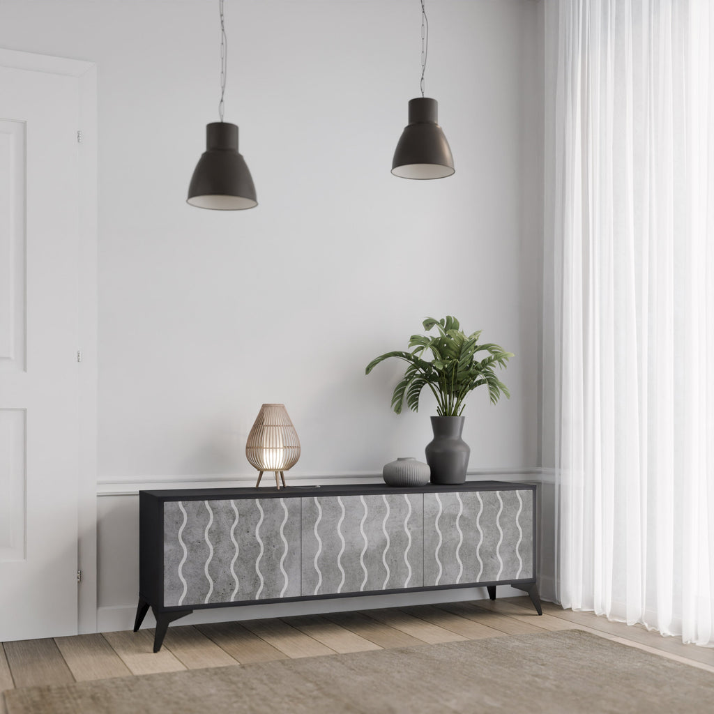 WAVES OF CONCRETE TV-Lowboard mit 3 Türen in Schwarz