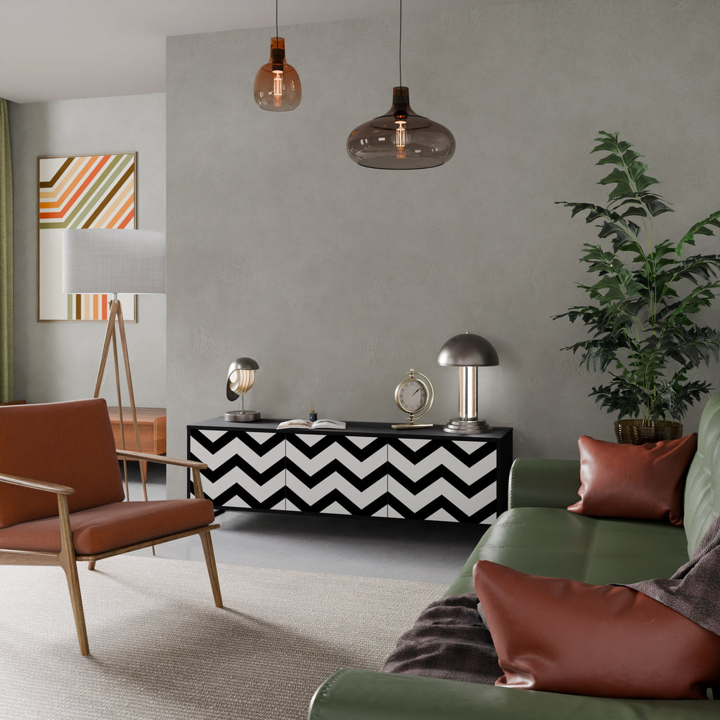 CLASSIC ZIG ZAG TV-Lowboard mit 3 Türen in Schwarz