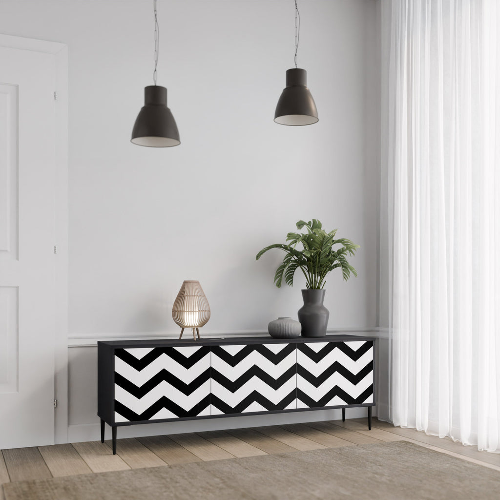 CLASSIC ZIG ZAG TV-Lowboard mit 3 Türen in Schwarz