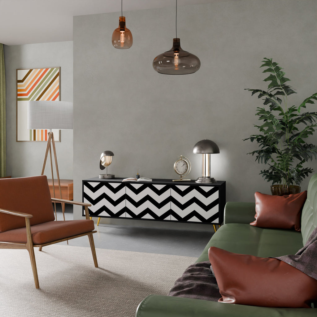 CLASSIC ZIG ZAG TV-Lowboard mit 3 Türen in Schwarz