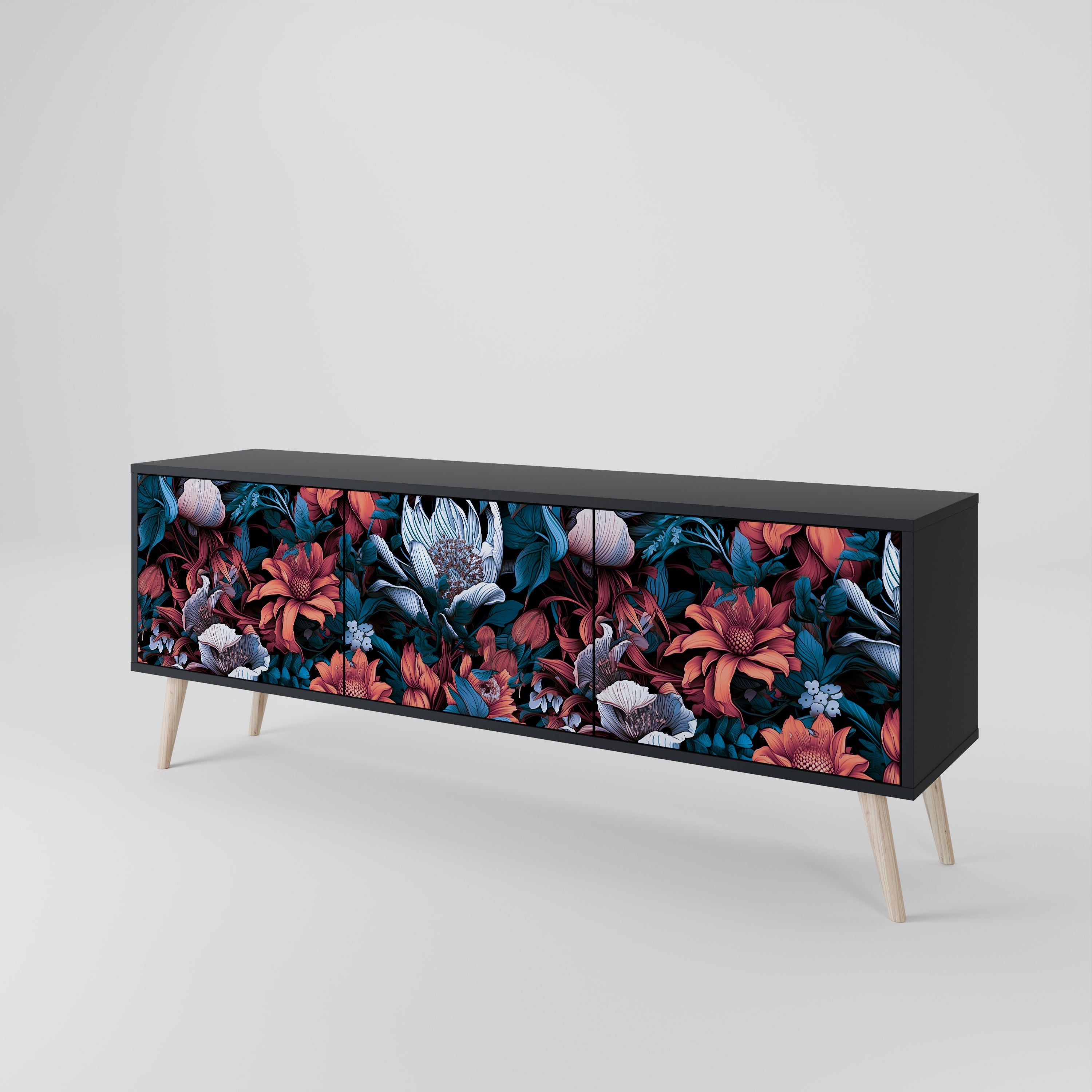 Ethereal Blossoms 3-türiger TV-Ständer in Schwarz