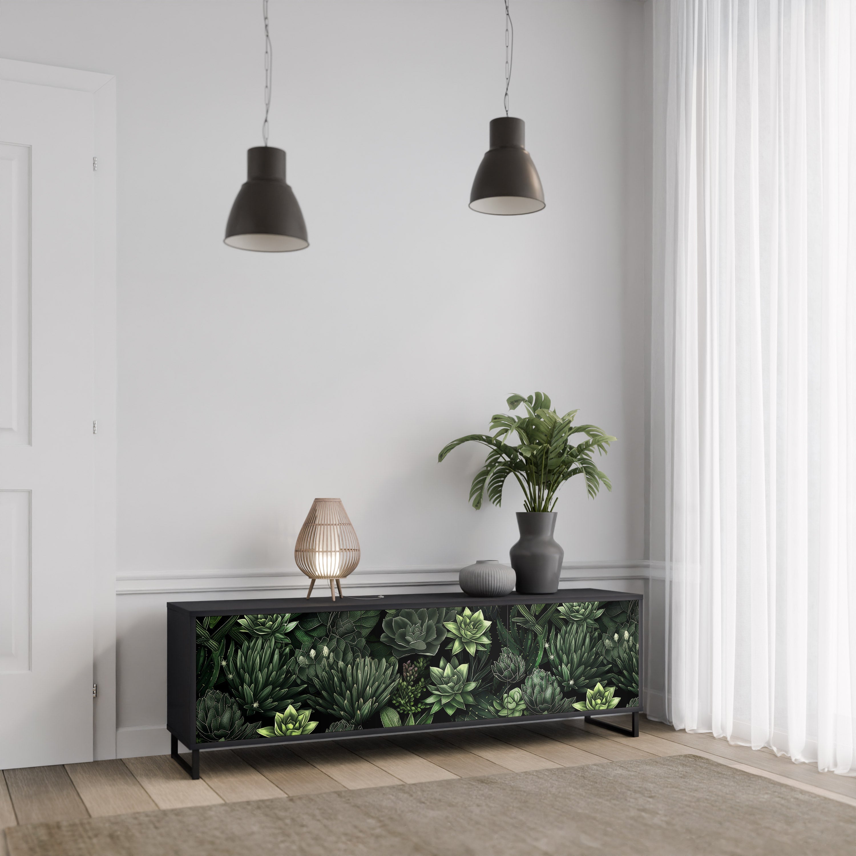 SUCCULENT JUNGLE 3-türiger TV-Ständer in Schwarz