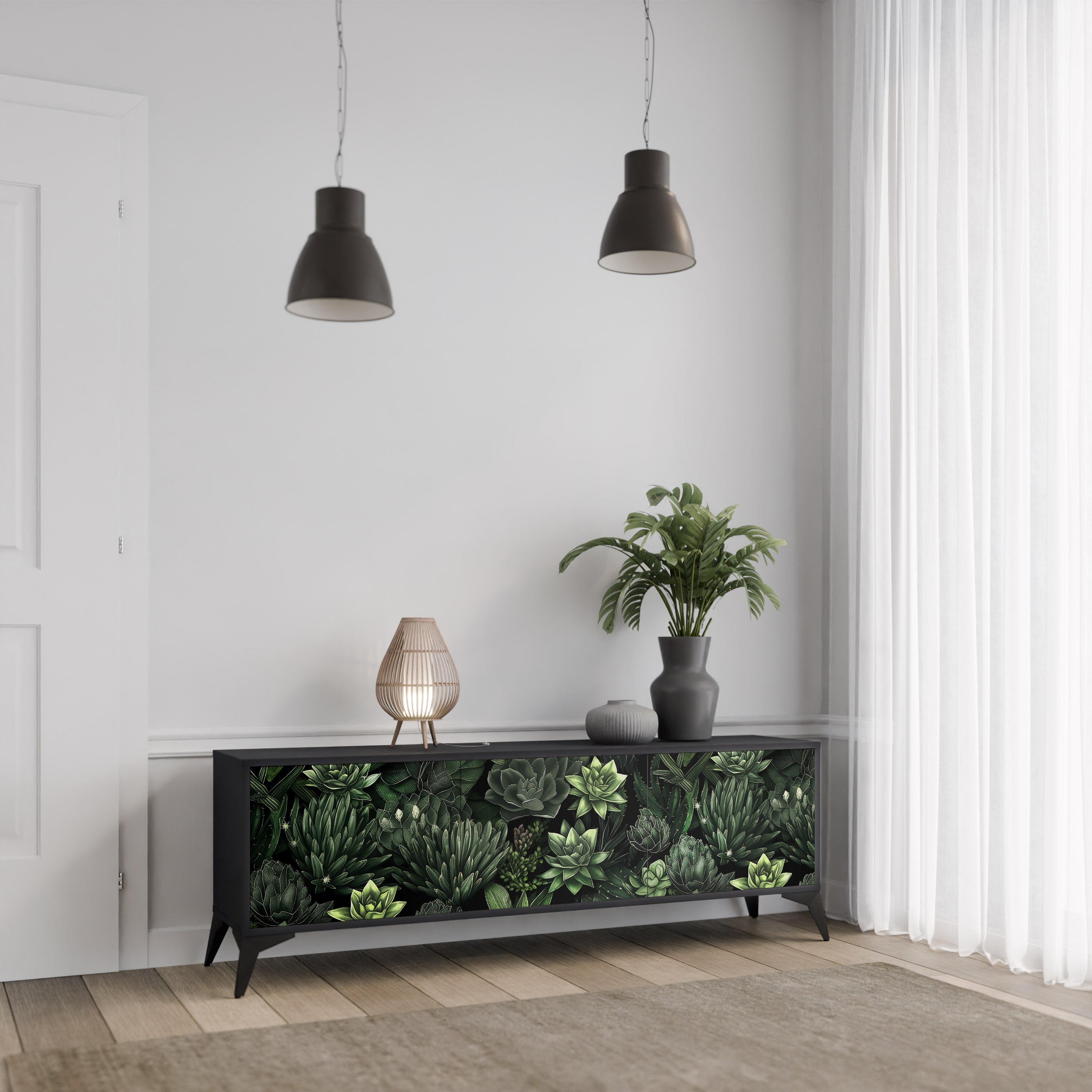 SUCCULENT JUNGLE 3-türiger TV-Ständer in Schwarz